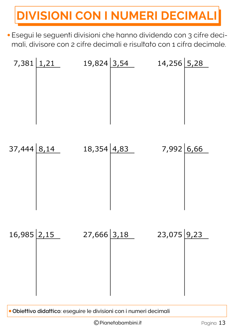 Esercizi Sulle Divisioni In Colonna Con I Numeri Decimali