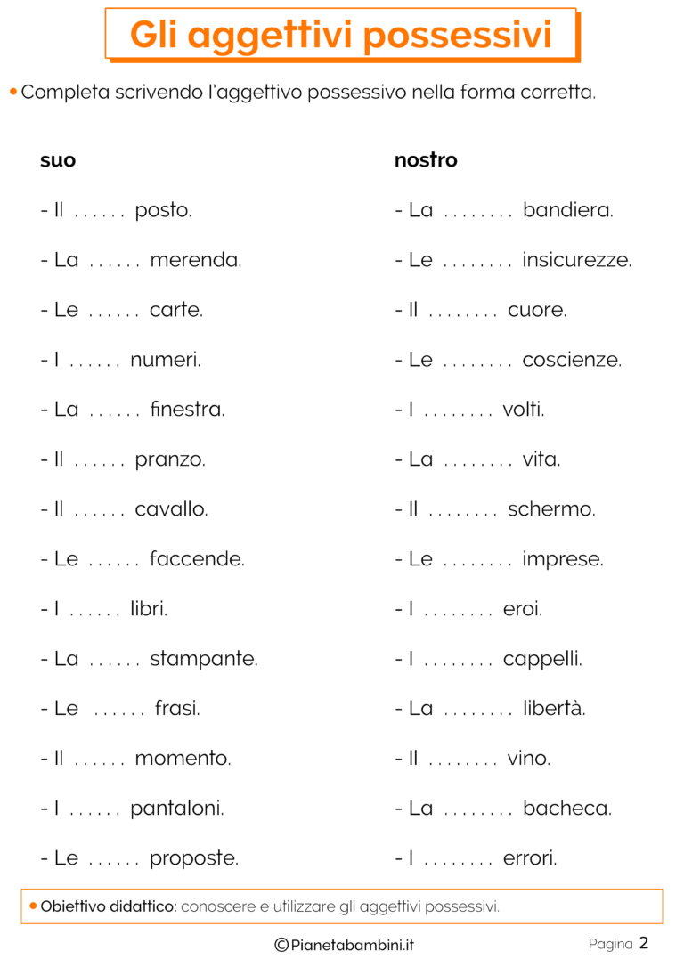 Gli Aggettivi Possessivi Esercizi Per La Scuola Primaria