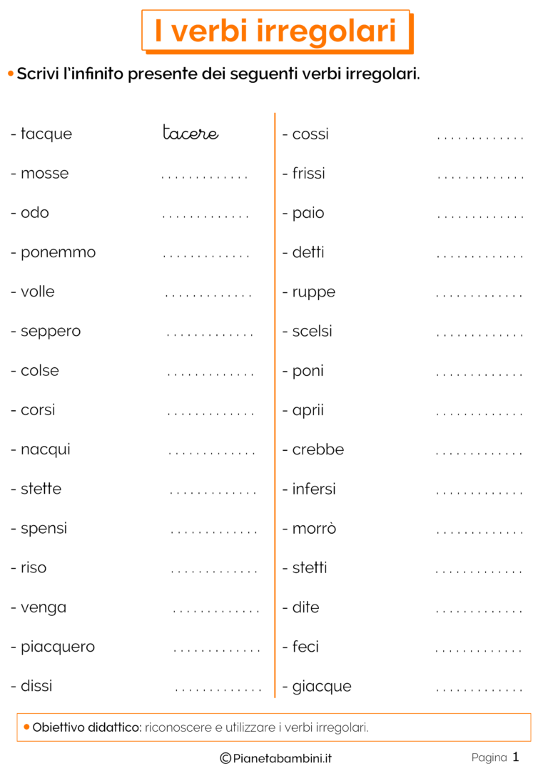 I Verbi Irregolari Esercizi Per La Scuola Primaria Pianetabambini It