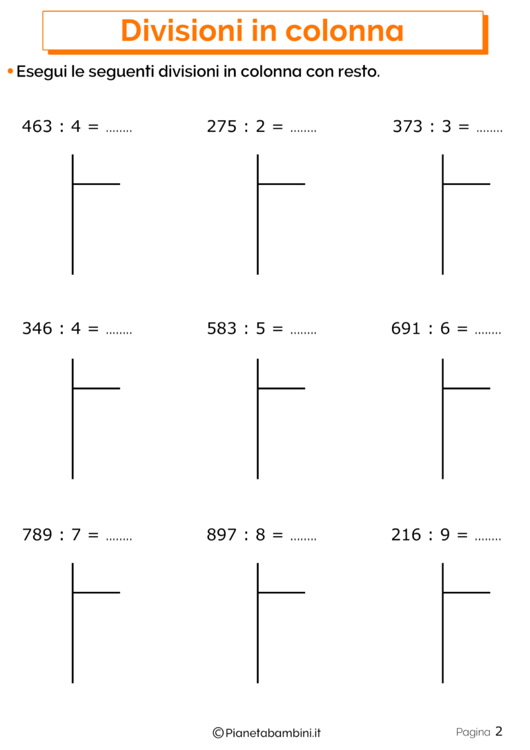 Divisioni In Colonna Esercizi Per La Scuola Primaria Pianetabambini It
