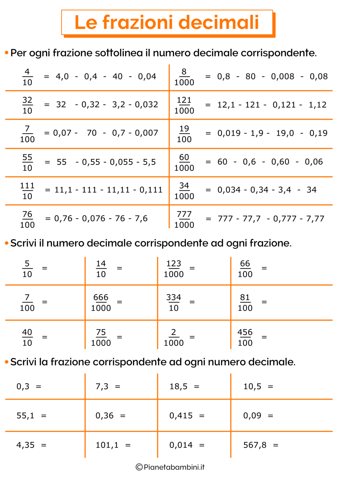 Le Frazioni Esercizi Per La Scuola Primaria PianetaBambini It