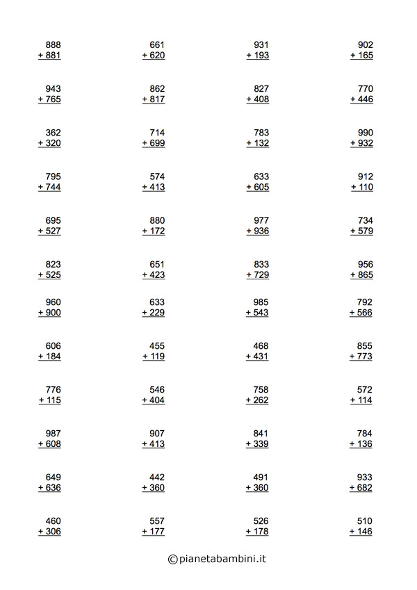 Esercizi Sulle Addizioni Per La Scuola Primaria Da Stampare Pianetabambini It