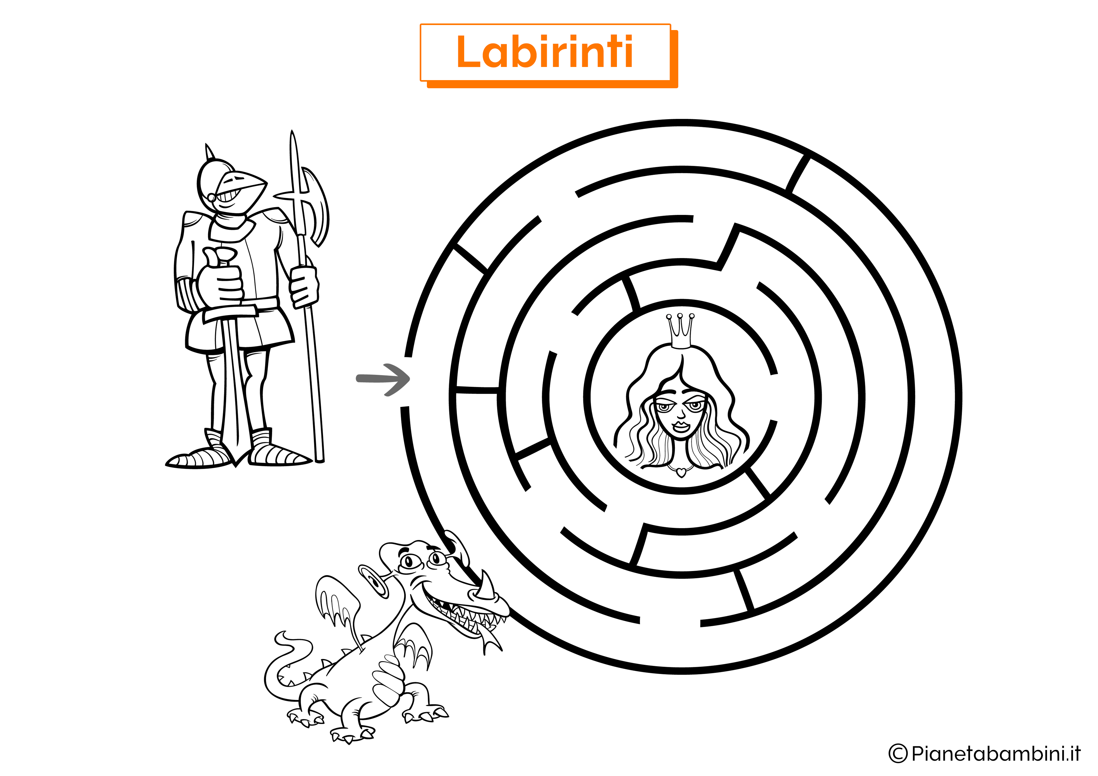 Labirinto con cavaliere, drago e principessa da stampare