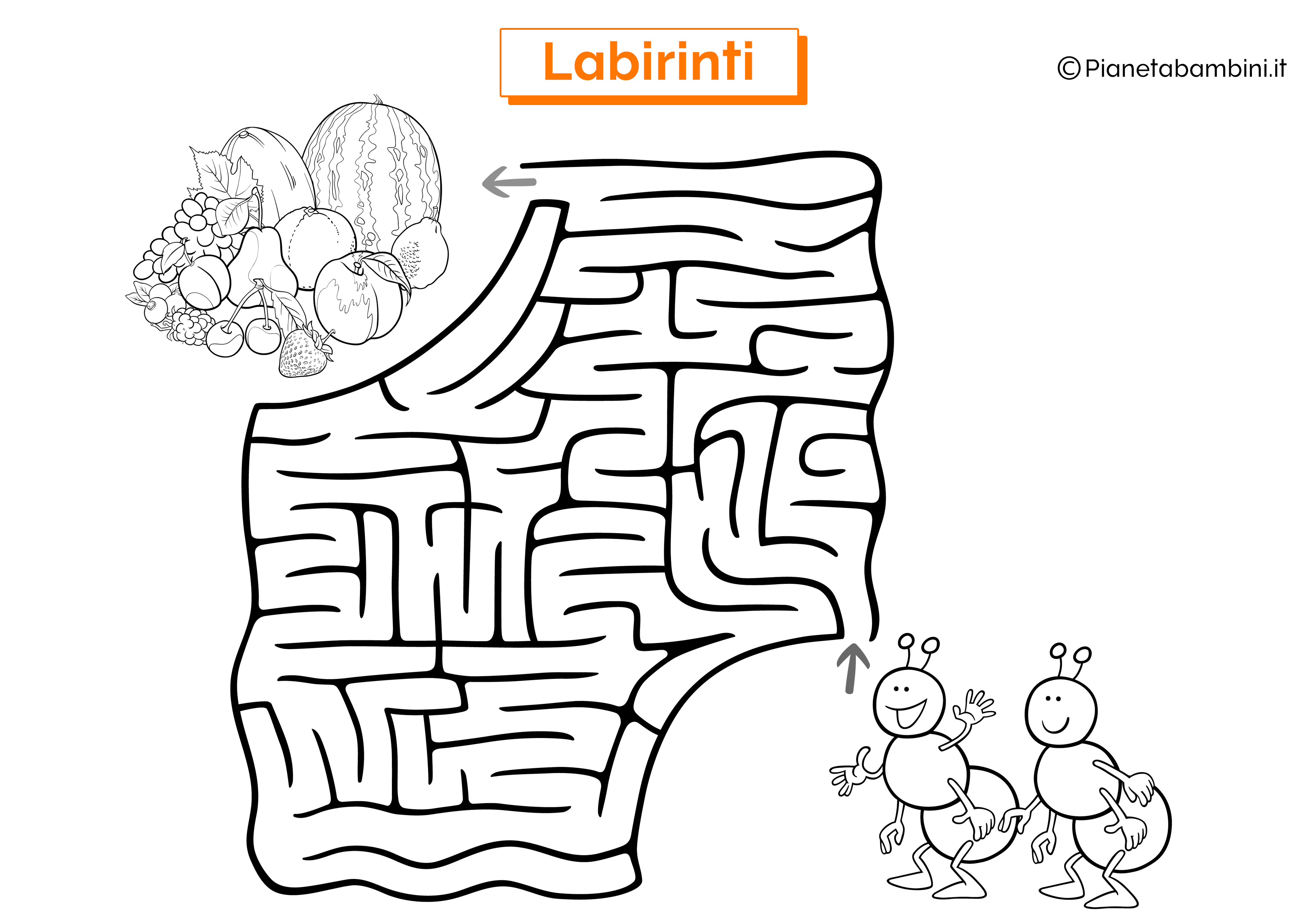Labirinto con formiche e frutta da stampare