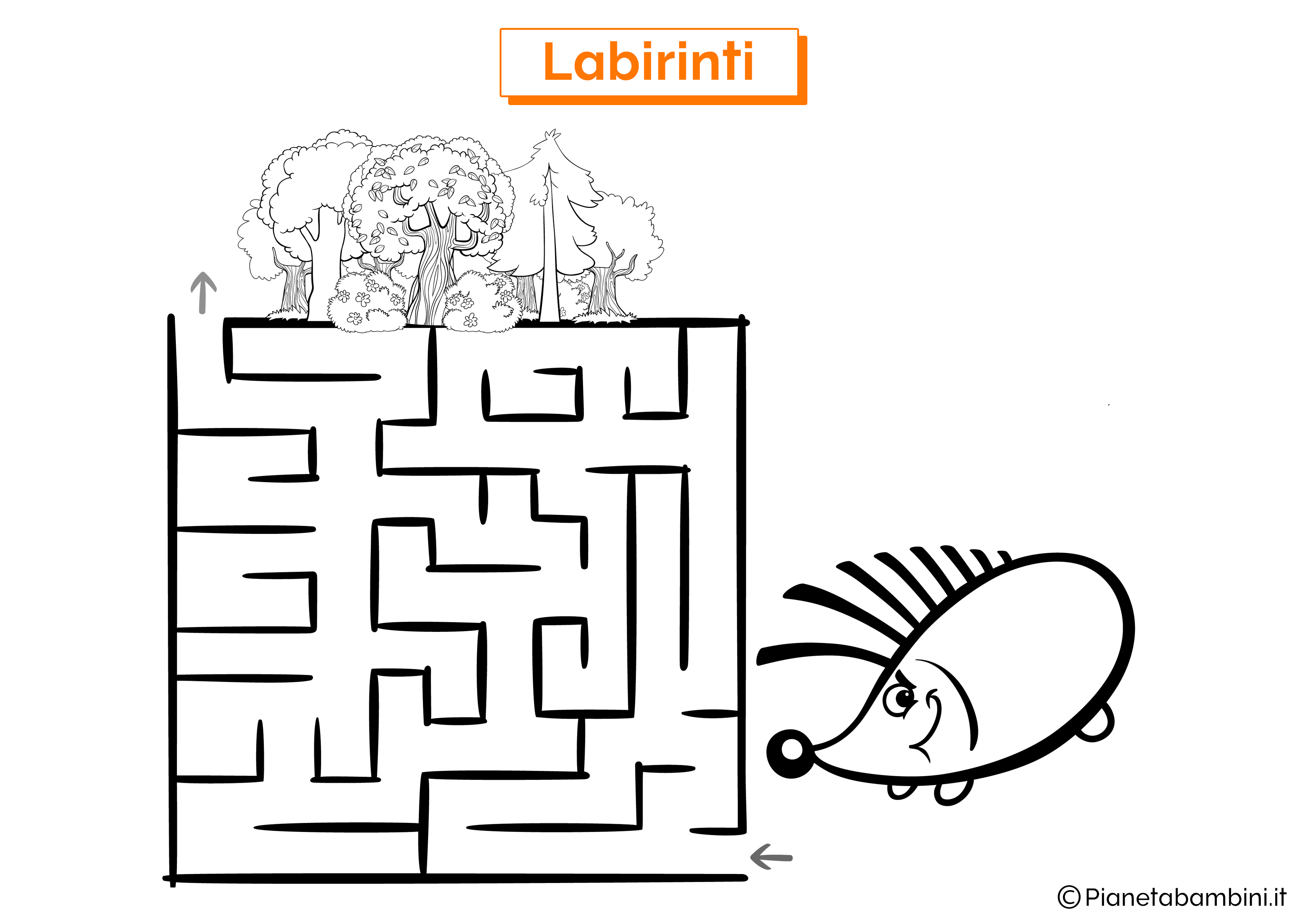 Labirinto con riccio e bosco da stampare