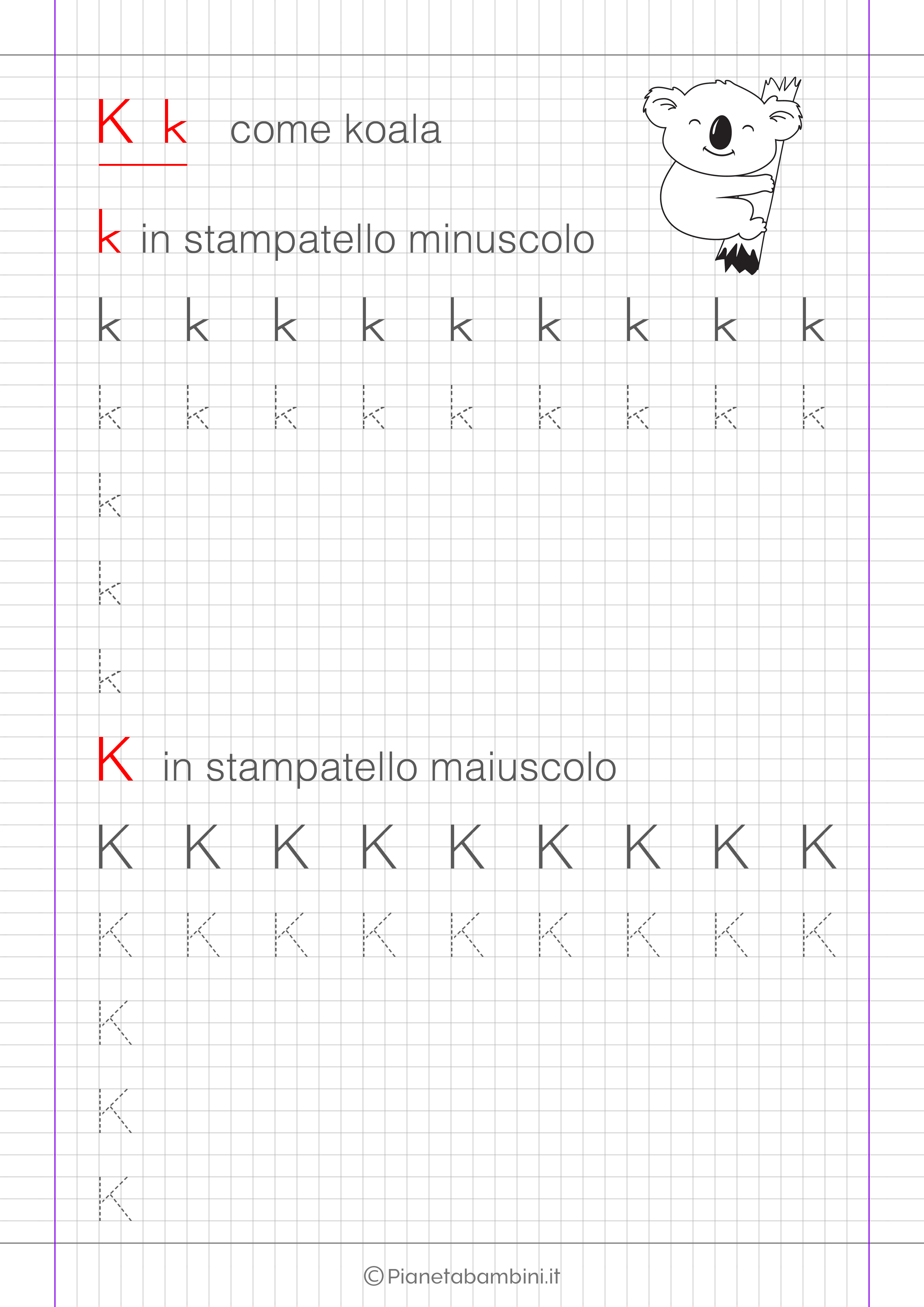 Scheda di pregrafismo lettera K in stampatello