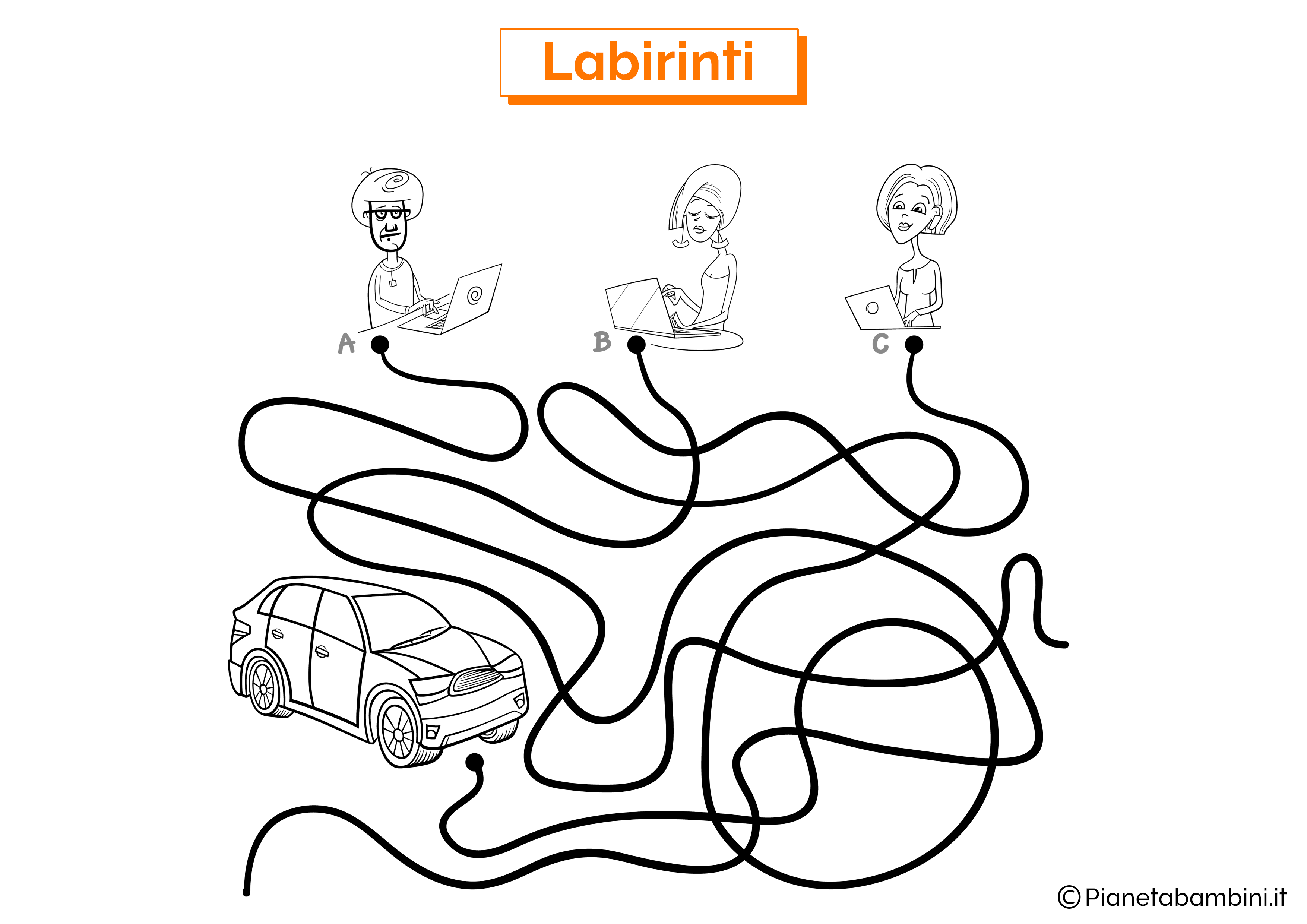 Labirinto con auto su percorso da scoprire da stampare