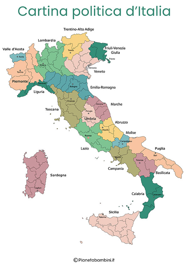 Cartina politica d'Italia con regioni e capoluoghi da stampare