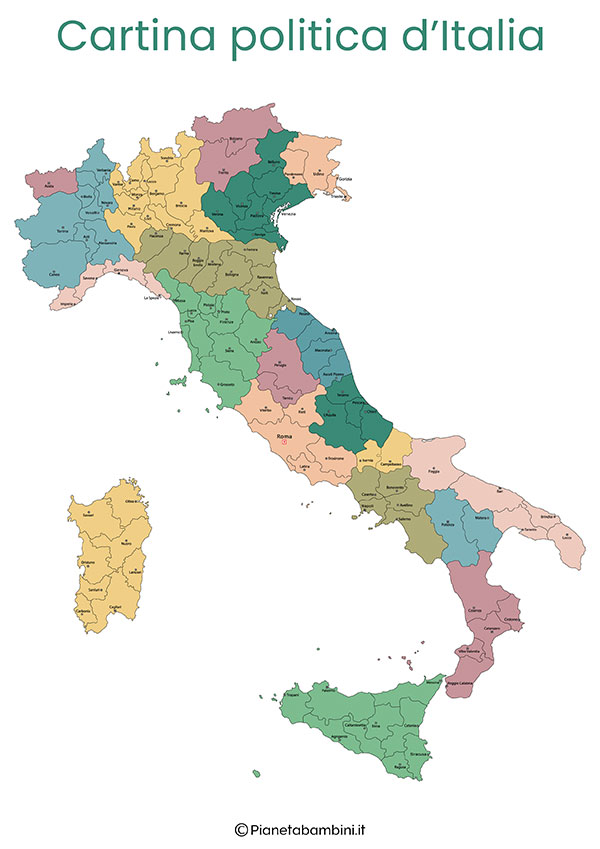 Cartina politica d'Italia con regioni e città da stampare