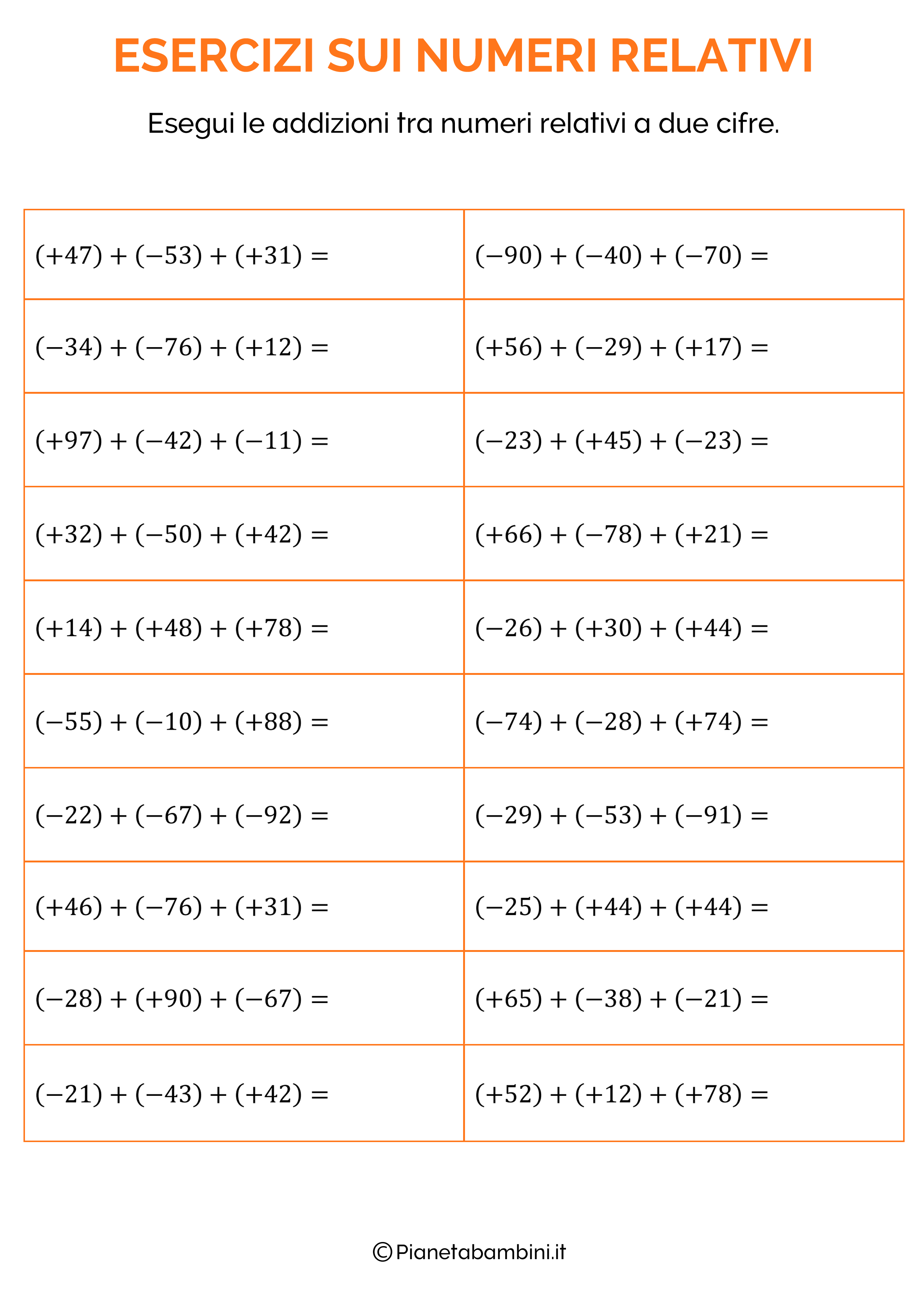 Esercizi Sui Numeri Relativi Per La Scuola Primaria Da Stampare Pianetabambini It