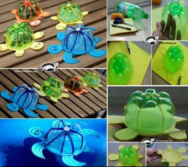 Tartarughe create con bottiglie di plastica