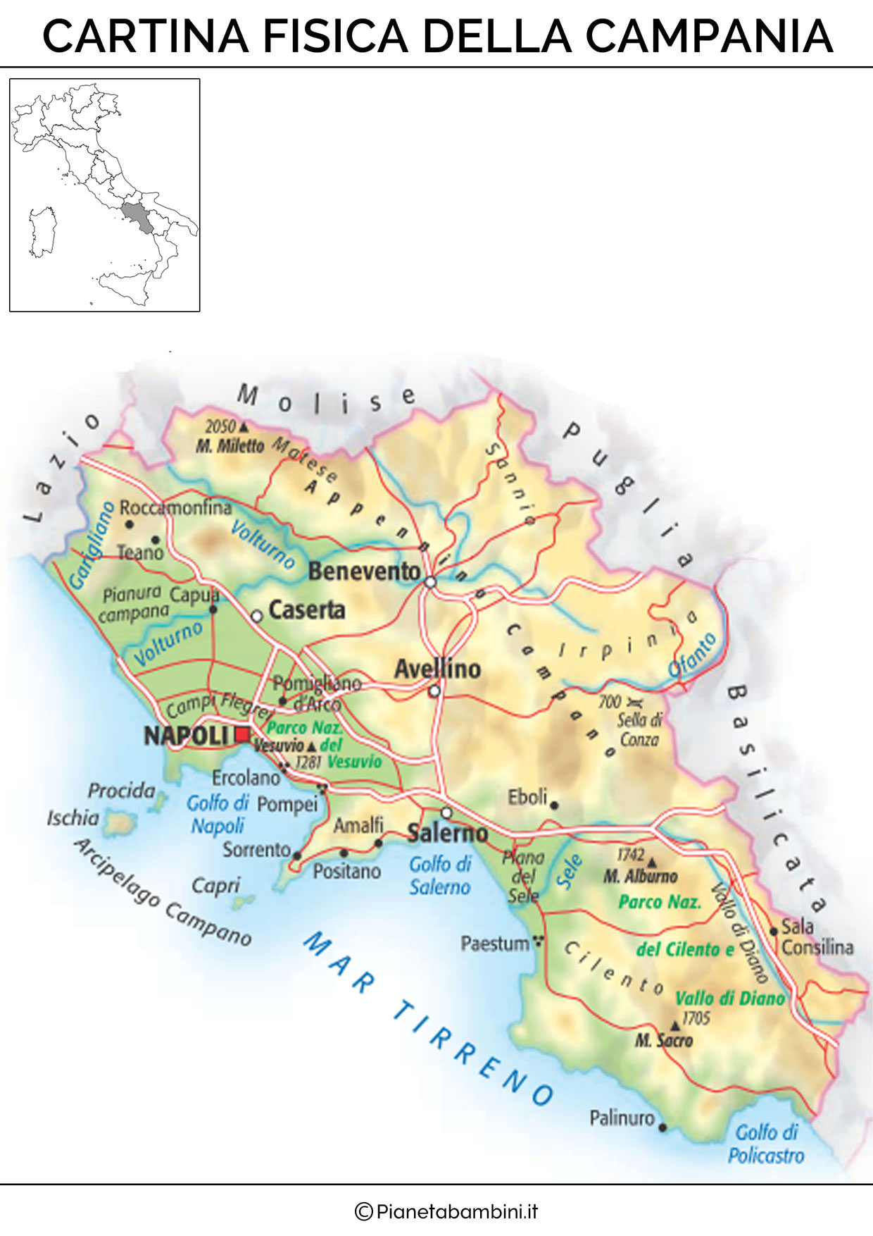 Cartina della Campania in versione fisica
