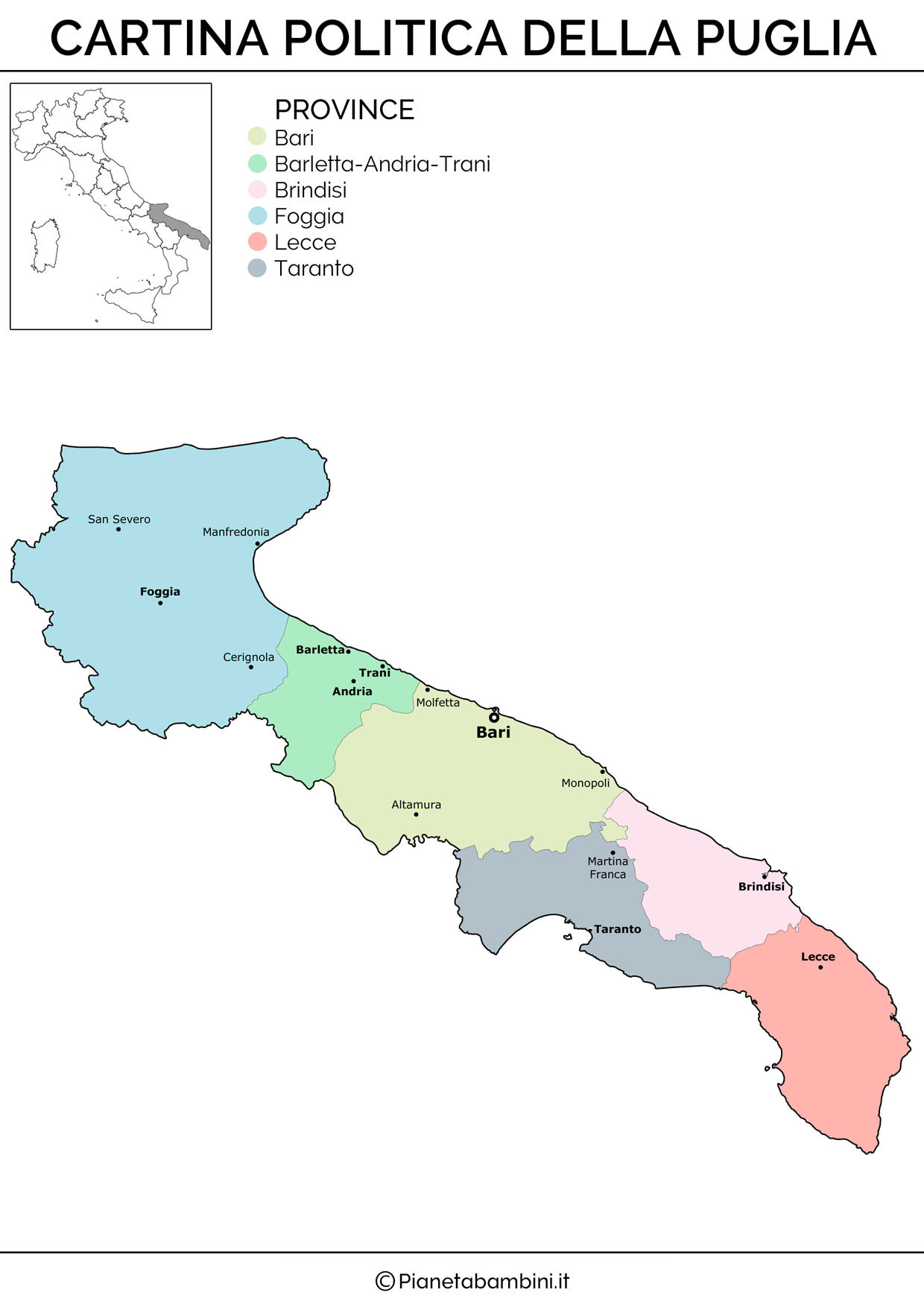 Cartina della Puglia in versione politica da stampare gratis