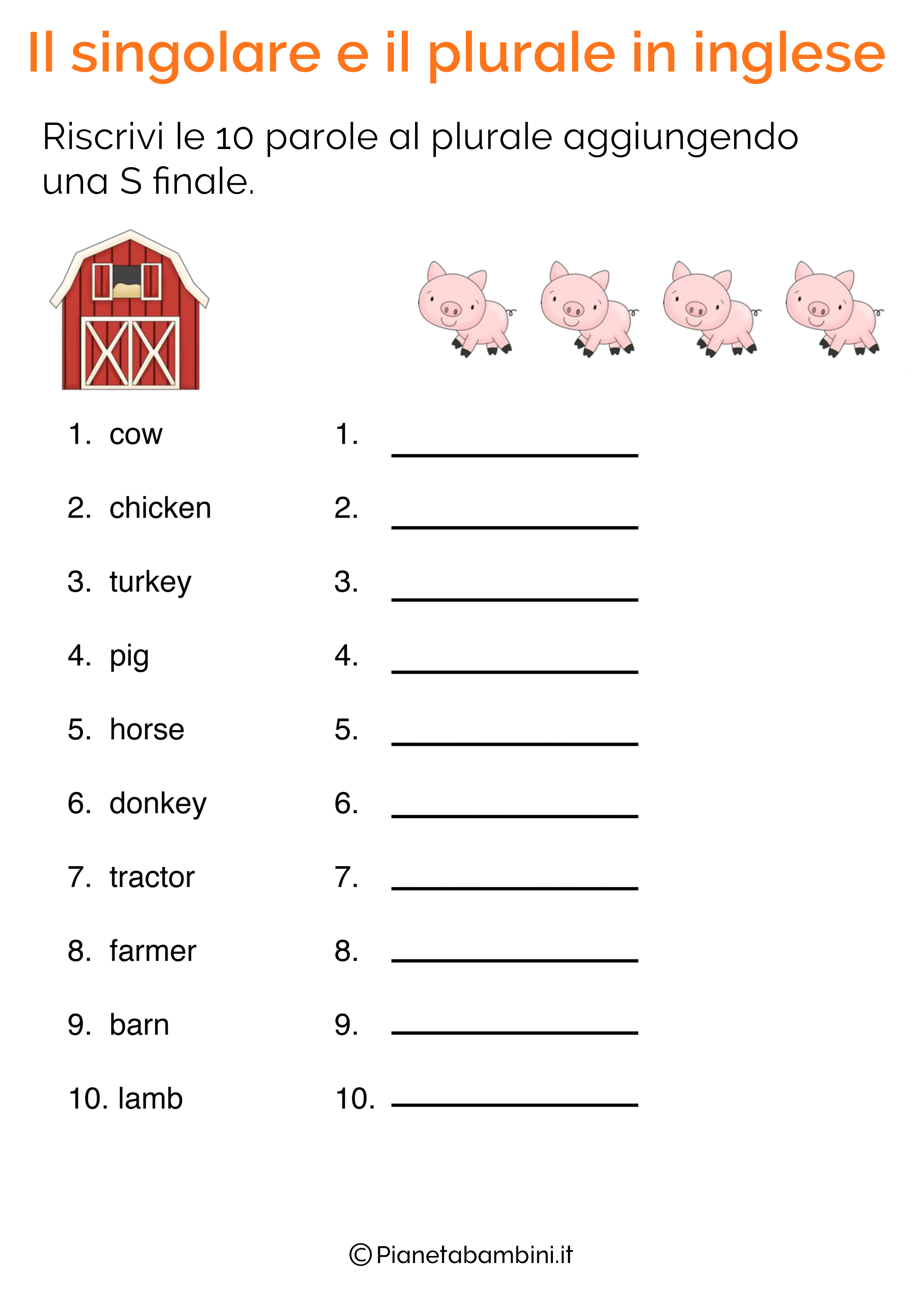 Esercizi sul Singolare e Plurale in Inglese per Bambini da Stampare