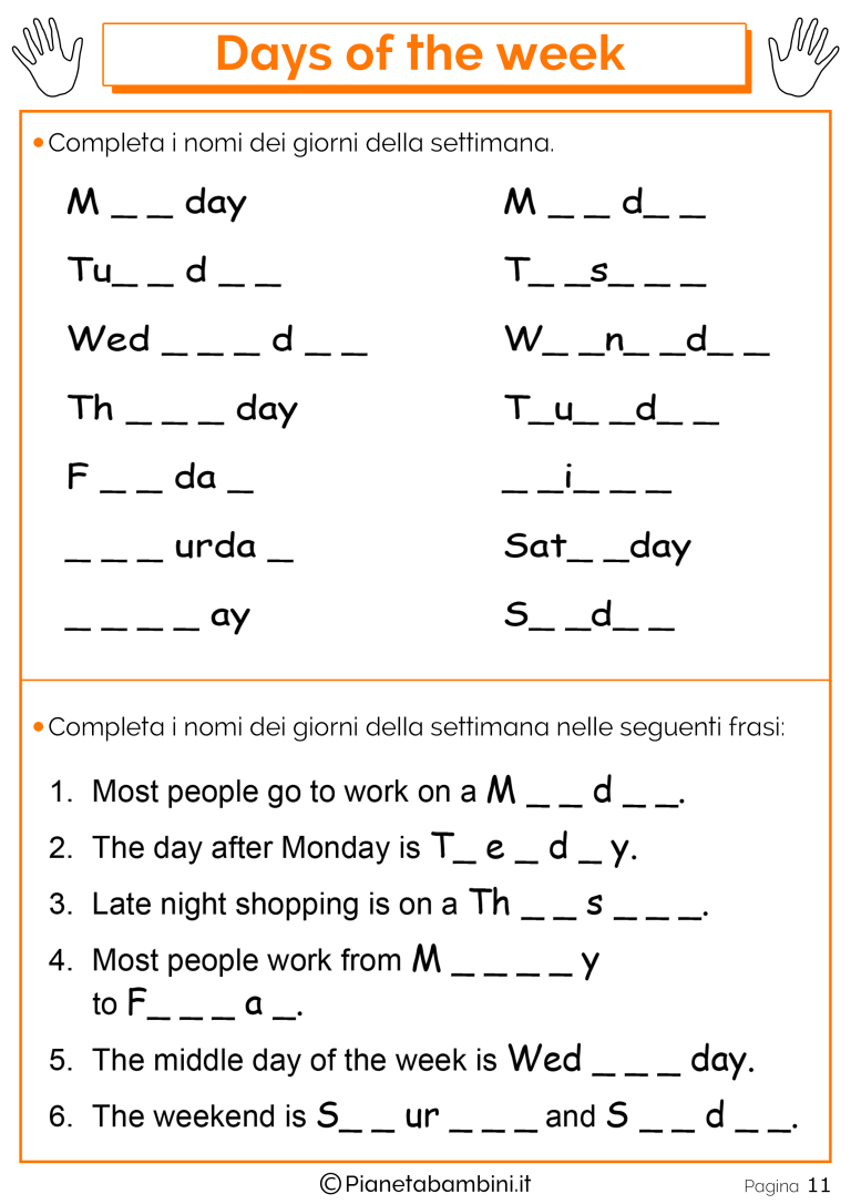 Giorni della Settimana in Inglese per Bambini Schede Didattiche da Stampare Giorni della Settimana in Inglese per Bambini Schede Didattiche da Stampare