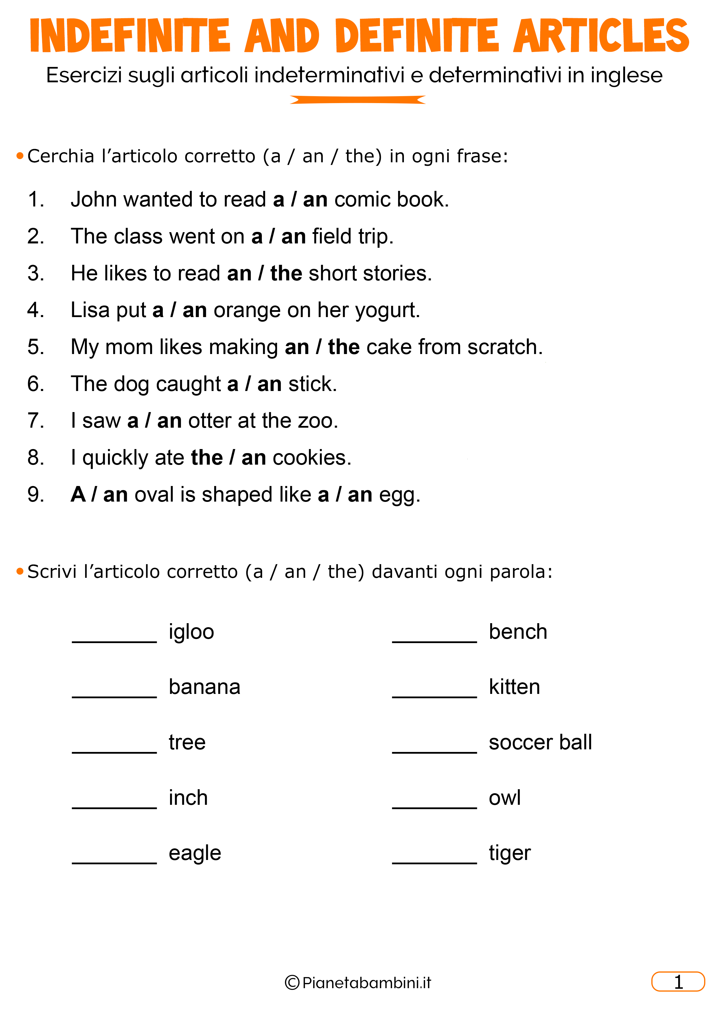 Esercizi Di Inglese Sugli Articoli Determinativi E Indeterminativi Pianetabambini It