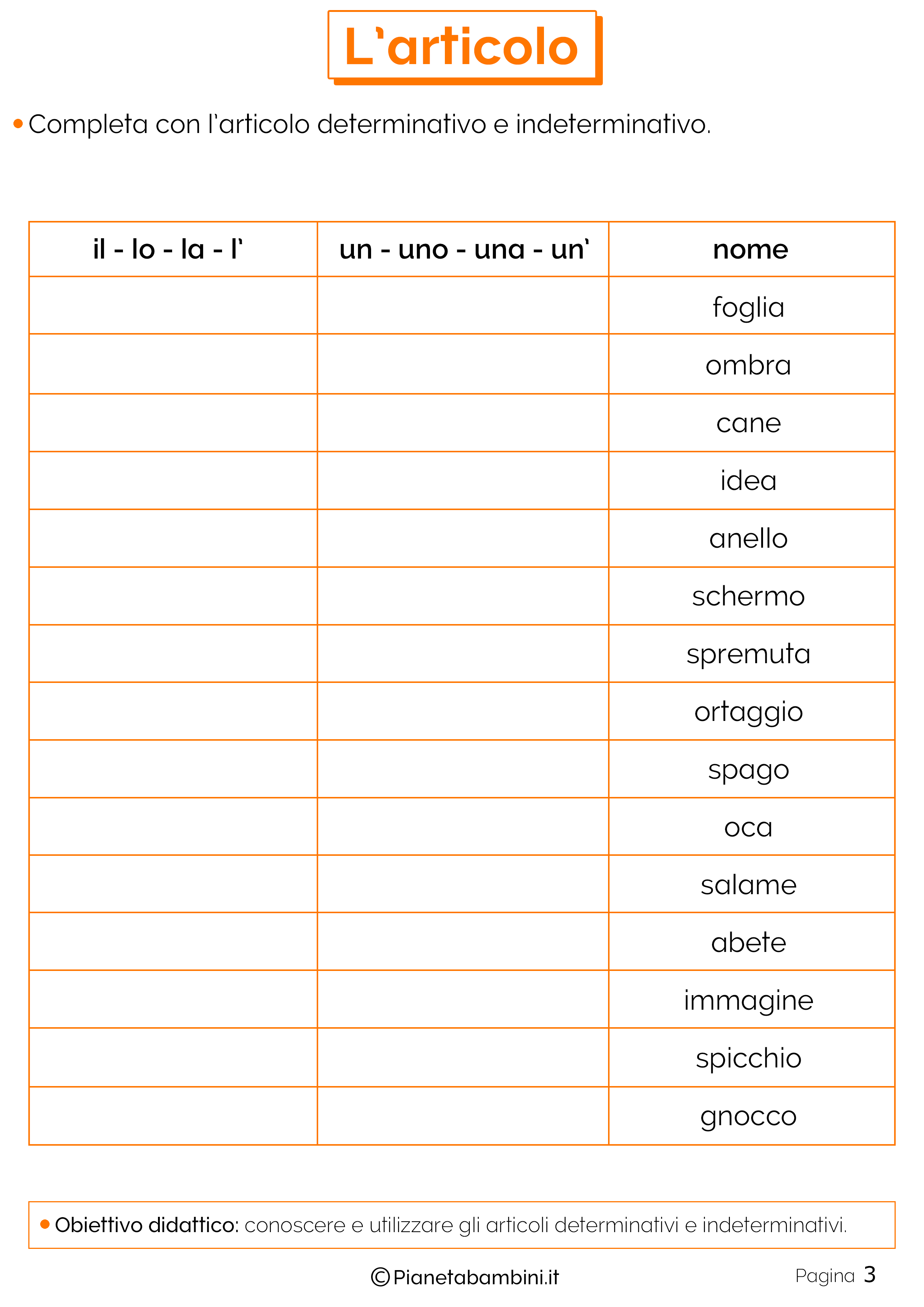 Articoli Determinativi E Indeterminativi Esercizi Per La Scuola Primaria Pianetabambini It