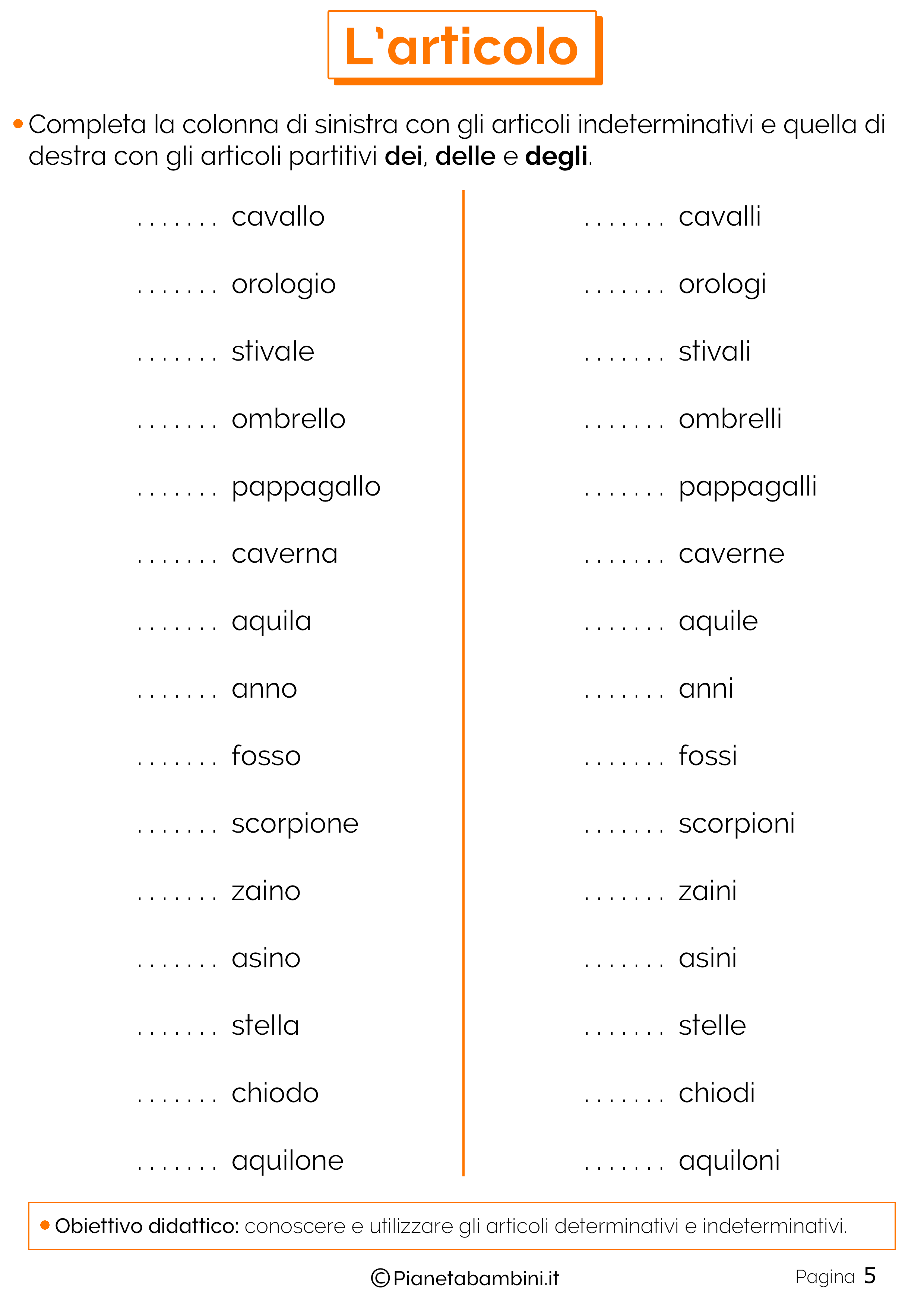 Articoli Determinativi E Indeterminativi Esercizi Per La Scuola Primaria Pianetabambini It