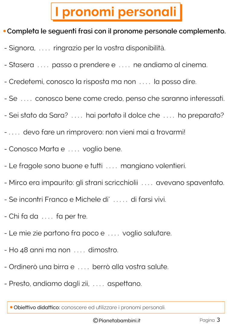 I Pronomi Personali Esercizi per la Scuola Primaria