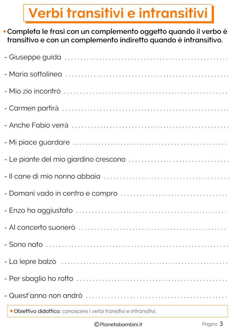 Verbi Transitivi E Intransitivi Esercizi Per La Scuola Primaria