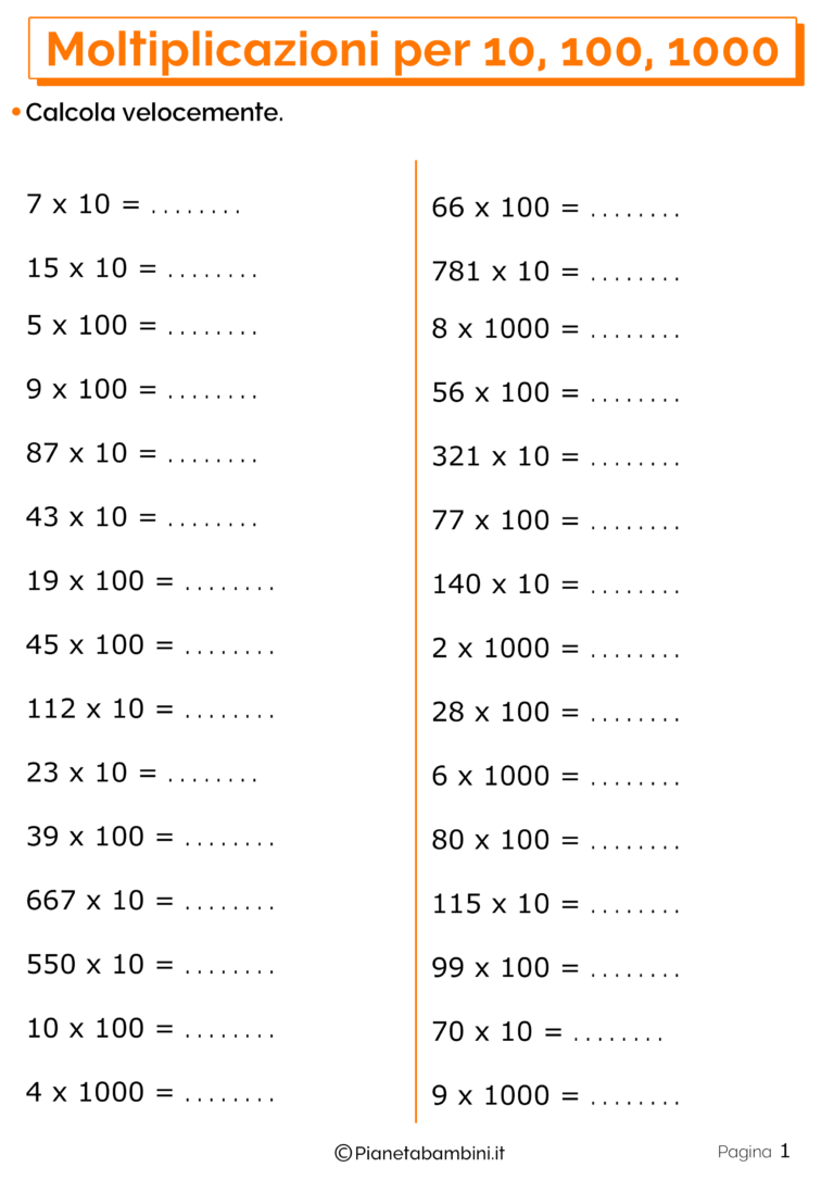 Moltiplicazioni Per E Esercizi Per La Scuola Primaria Pianetabambini It