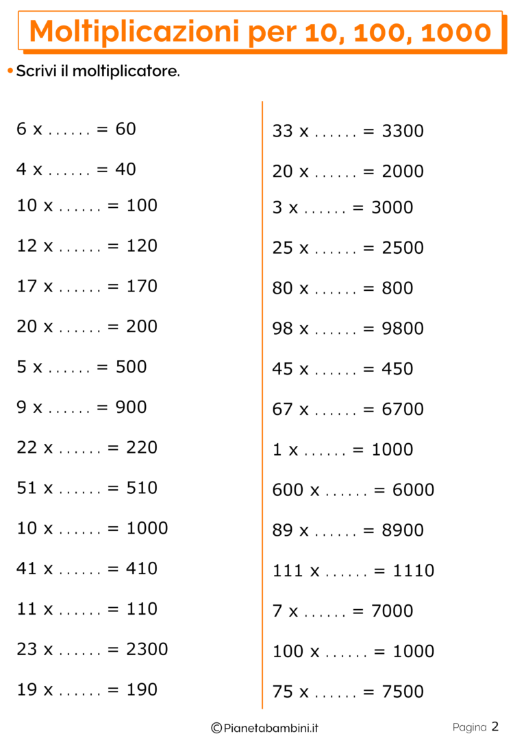 Moltiplicazioni Per 10 100 E 1000 Esercizi Per La Scuola Primaria Pianetabambiniit 9600