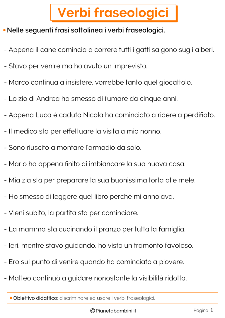 Verbi Fraseologici: Esercizi per la Scuola Primaria | PianetaBambini.it