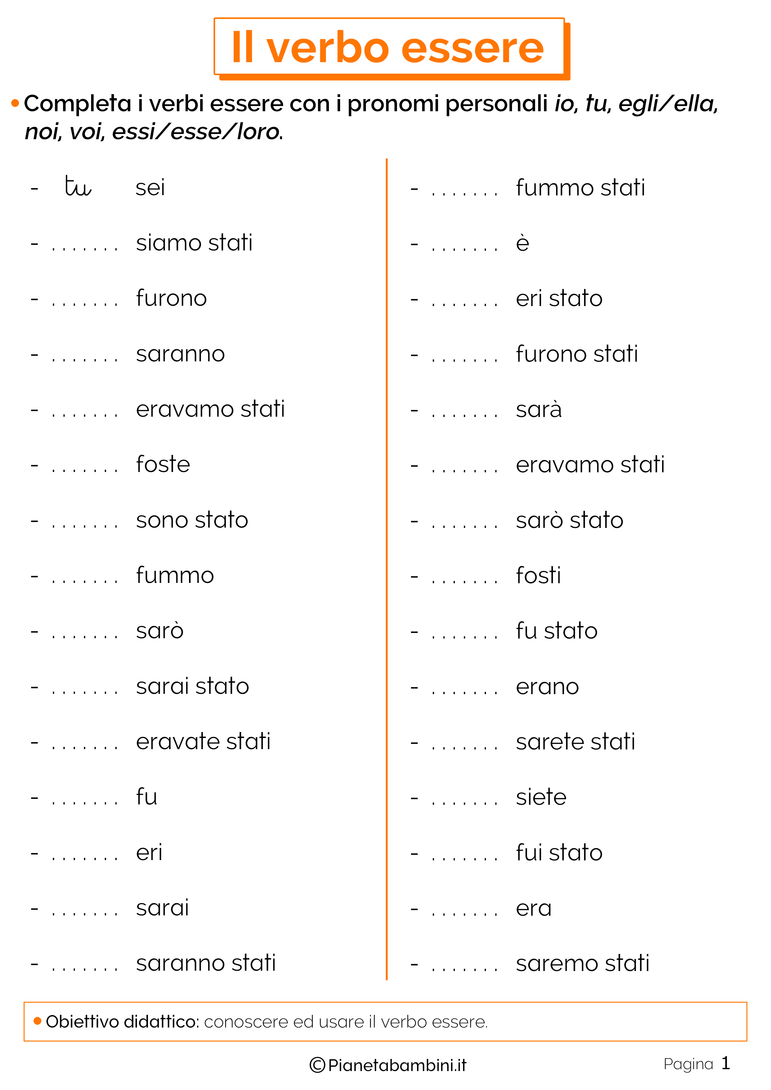 Il Verbo Essere Esercizi Per La Scuola Primaria PianetaBambini It