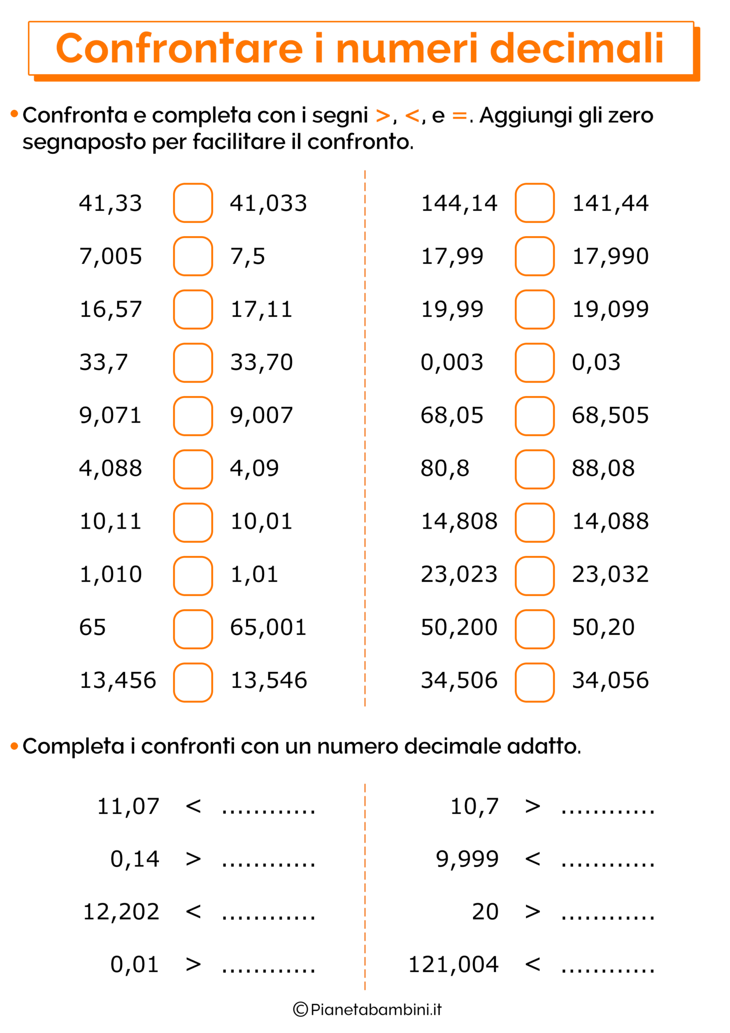 Esercizi Sui Numeri Decimali Per La Scuola Primaria Pianetabambini It