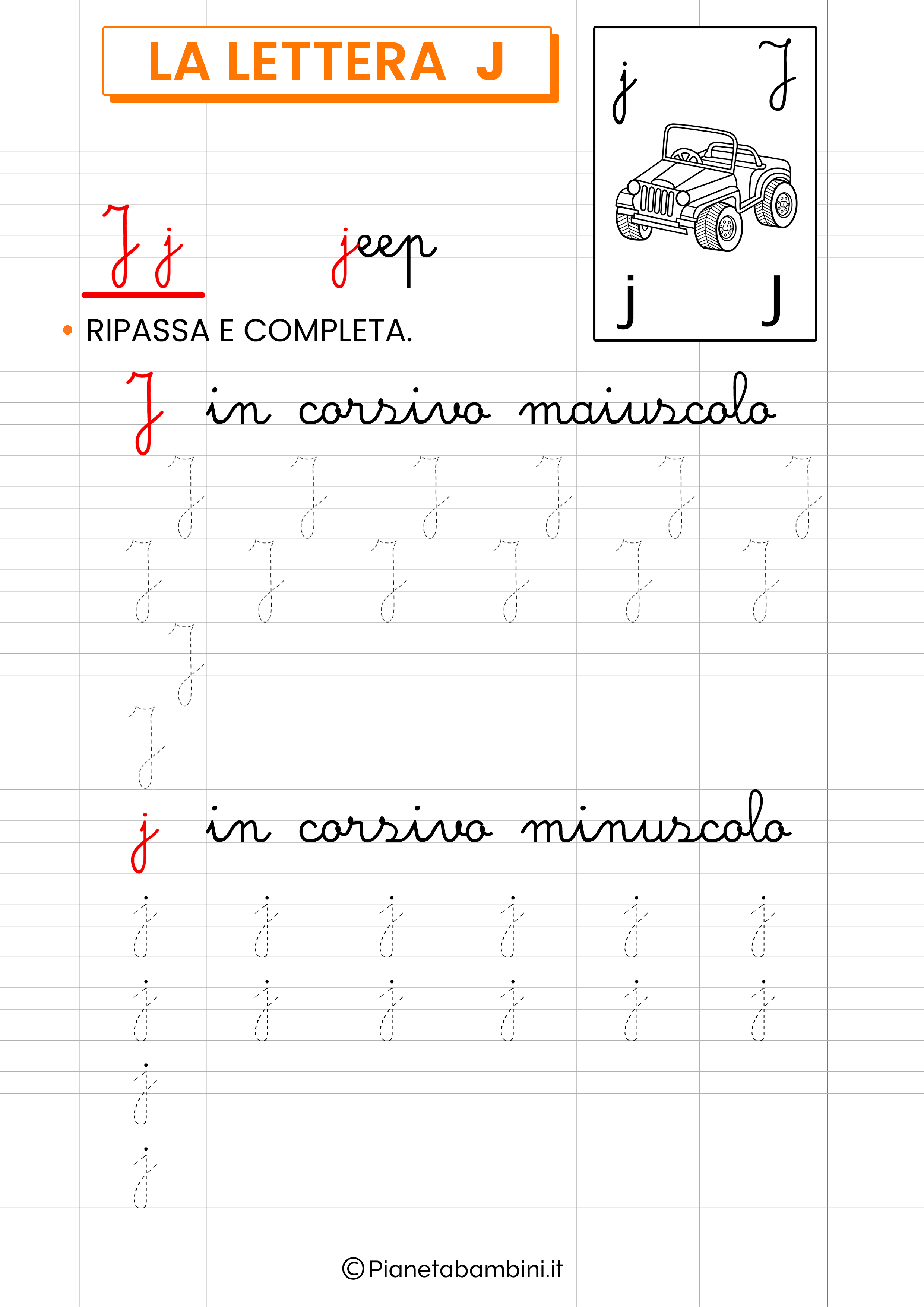 Scheda di pregrafismo sulla lettera straniera J in corsivo