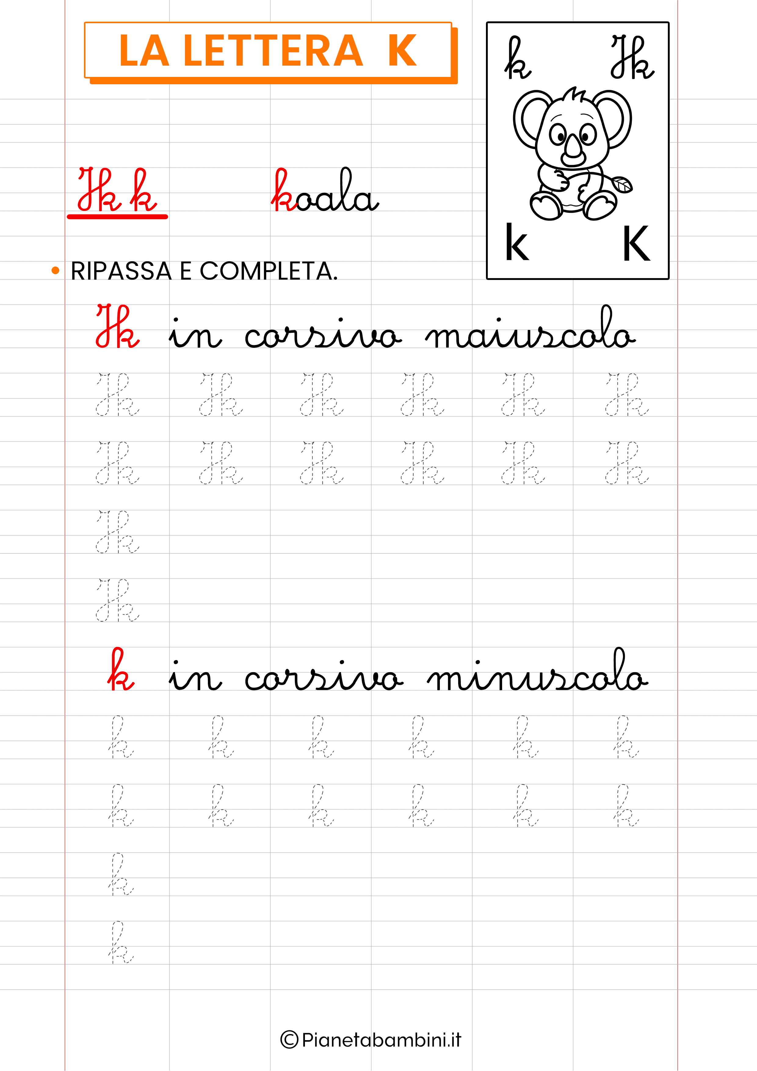 Scheda di pregrafismo sulla lettera straniera K in corsivo