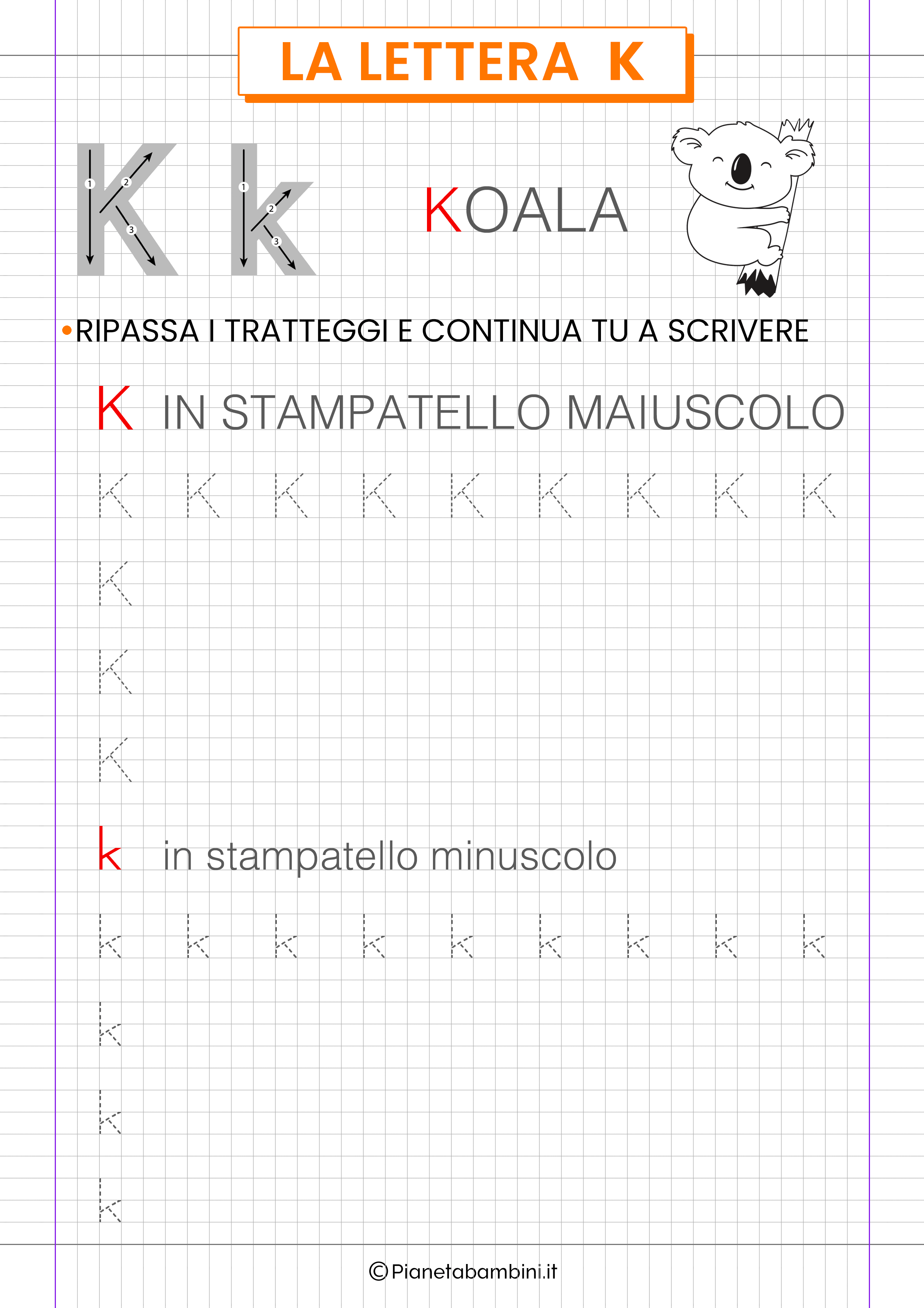 Scheda di pregrafismo sulla lettera straniera K in stampatello