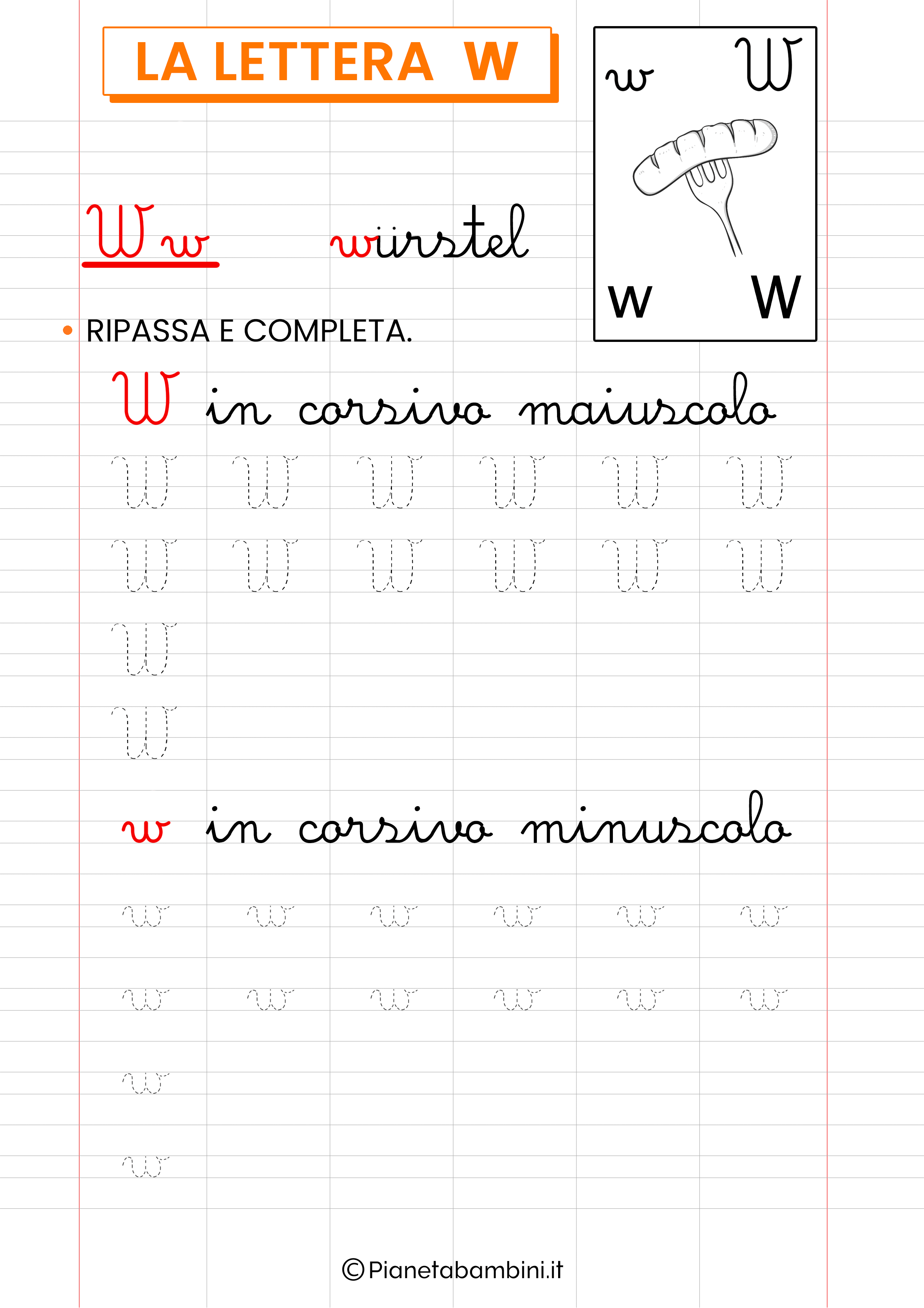 Scheda di pregrafismo sulla lettera straniera W in corsivo