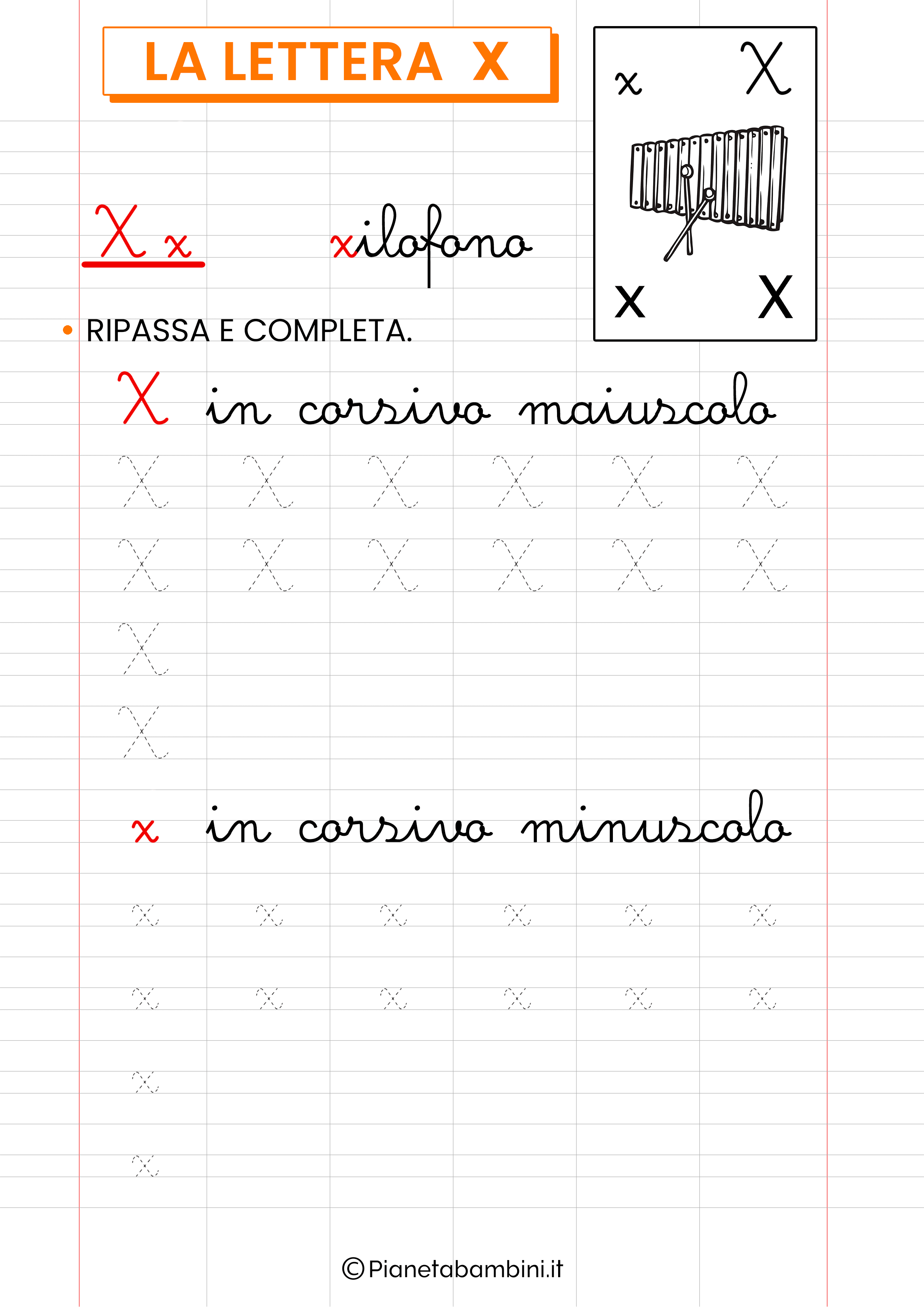 Scheda di pregrafismo sulla lettera straniera X in corsivo