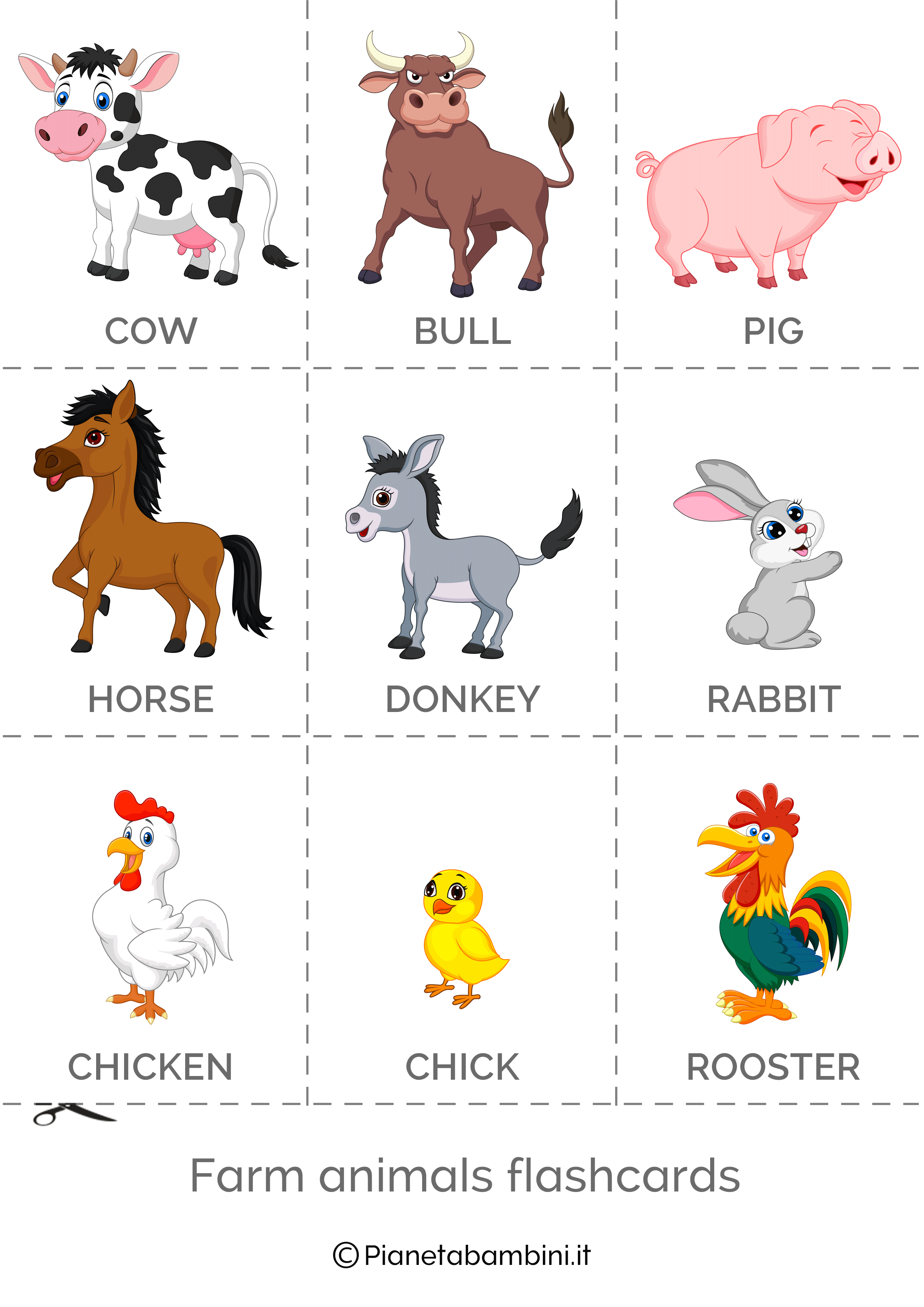 Flashcard da ritagliare animali della fattoria in inglese 1