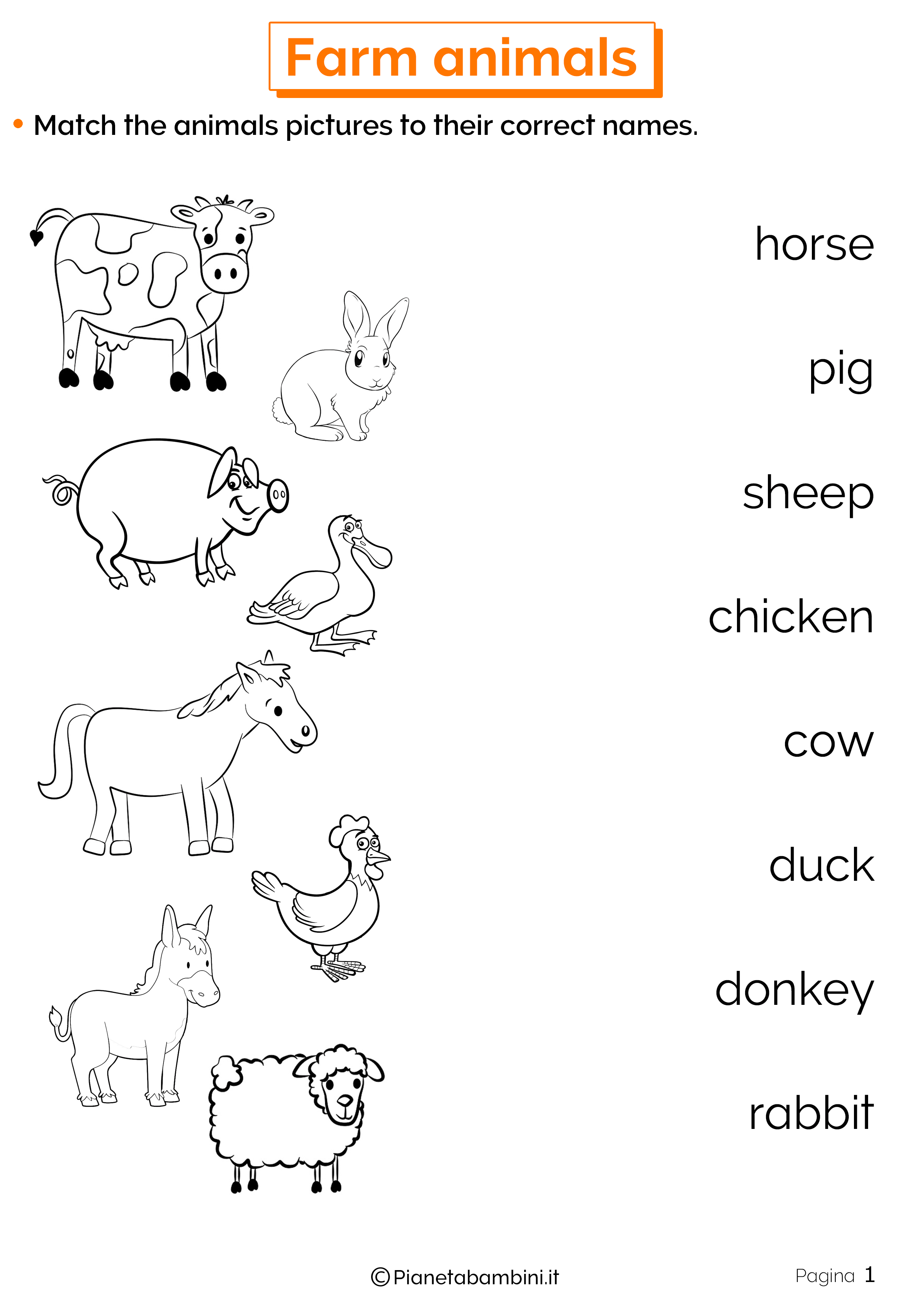 Esercizi sugli animali della fattoria in inglese 1