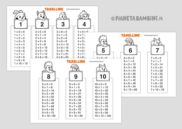 Tabelline con animali Tabelline con disegni di animali in bianco e nero
