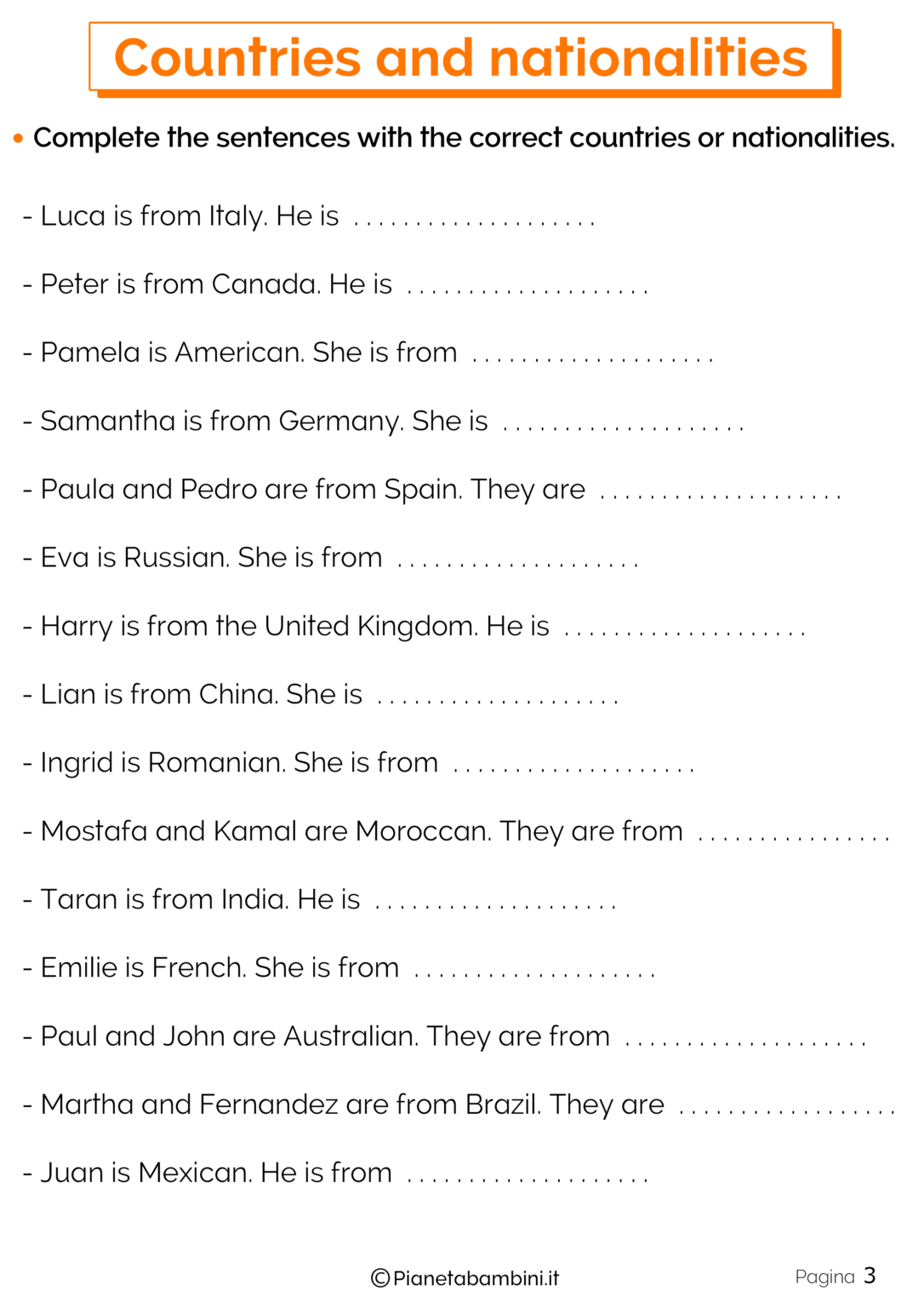 Paesi e Nazionalità in Inglese Esercizi per la Scuola Primaria