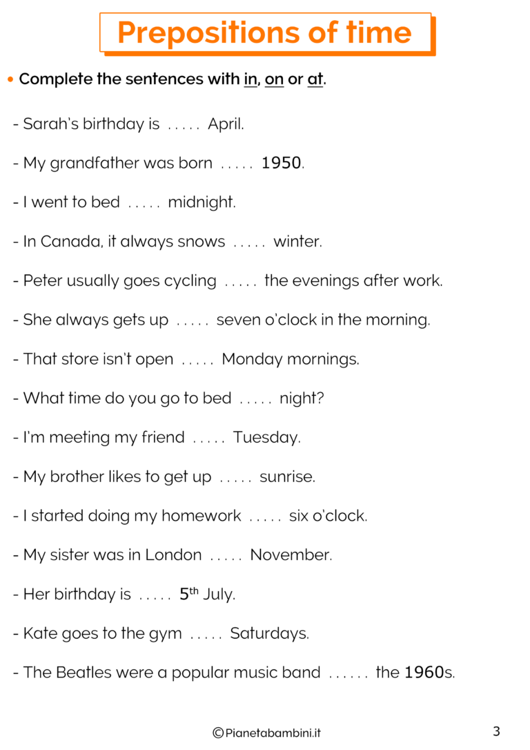 Preposizioni di Tempo in Inglese Esercizi per la Scuola Primaria