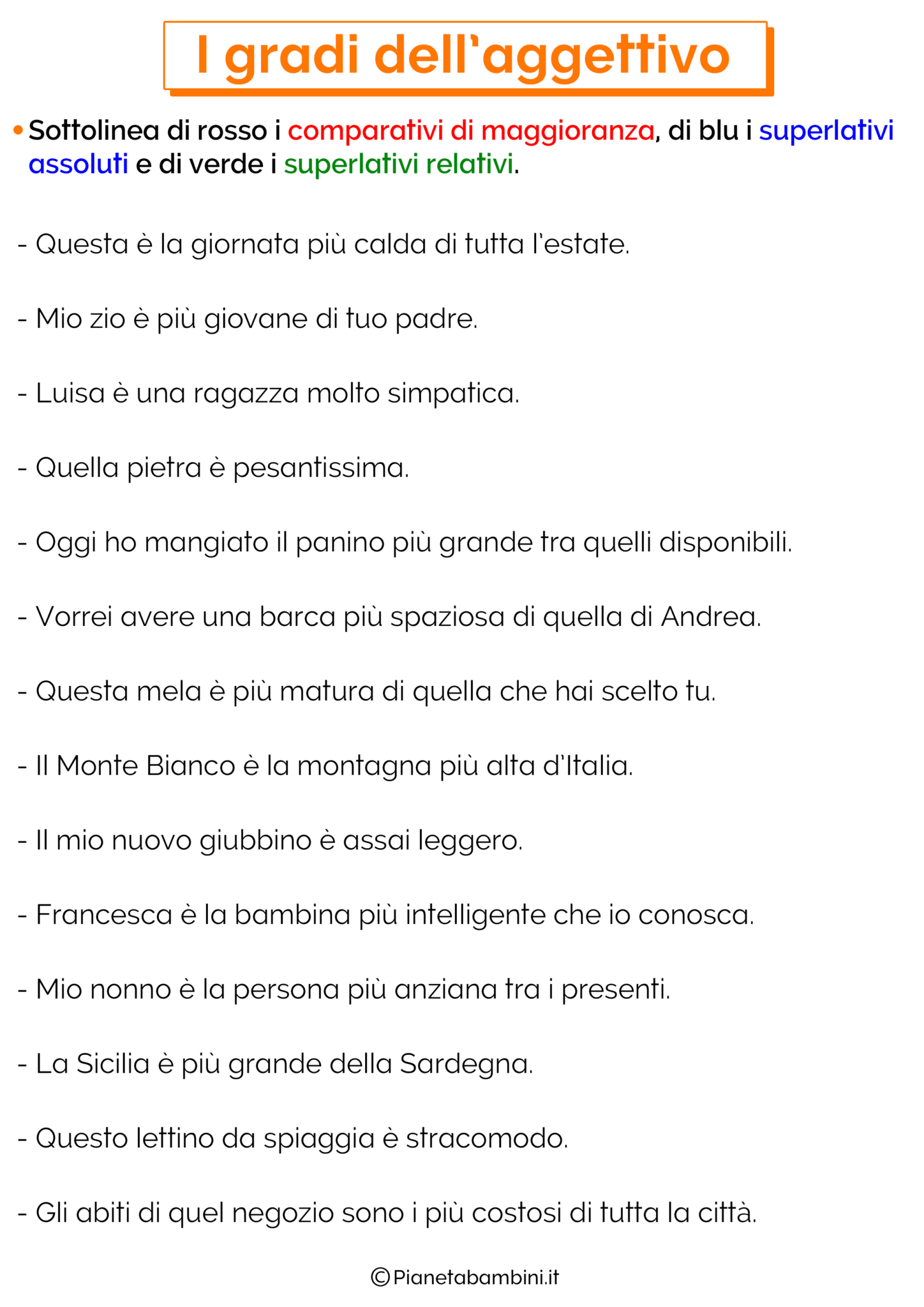 I Gradi Dell'Aggettivo: Esercizi Per La Scuola Primaria | PianetaBambini.it