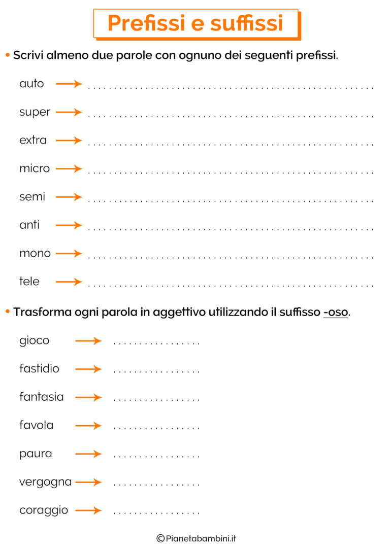 Prefissi e Suffissi Esercizi per la Scuola Primaria