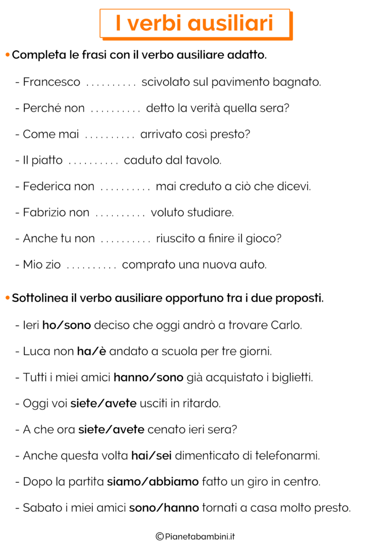 I Verbi Ausiliari Esercizi Per La Scuola Primaria Pianetabambiniit 8247