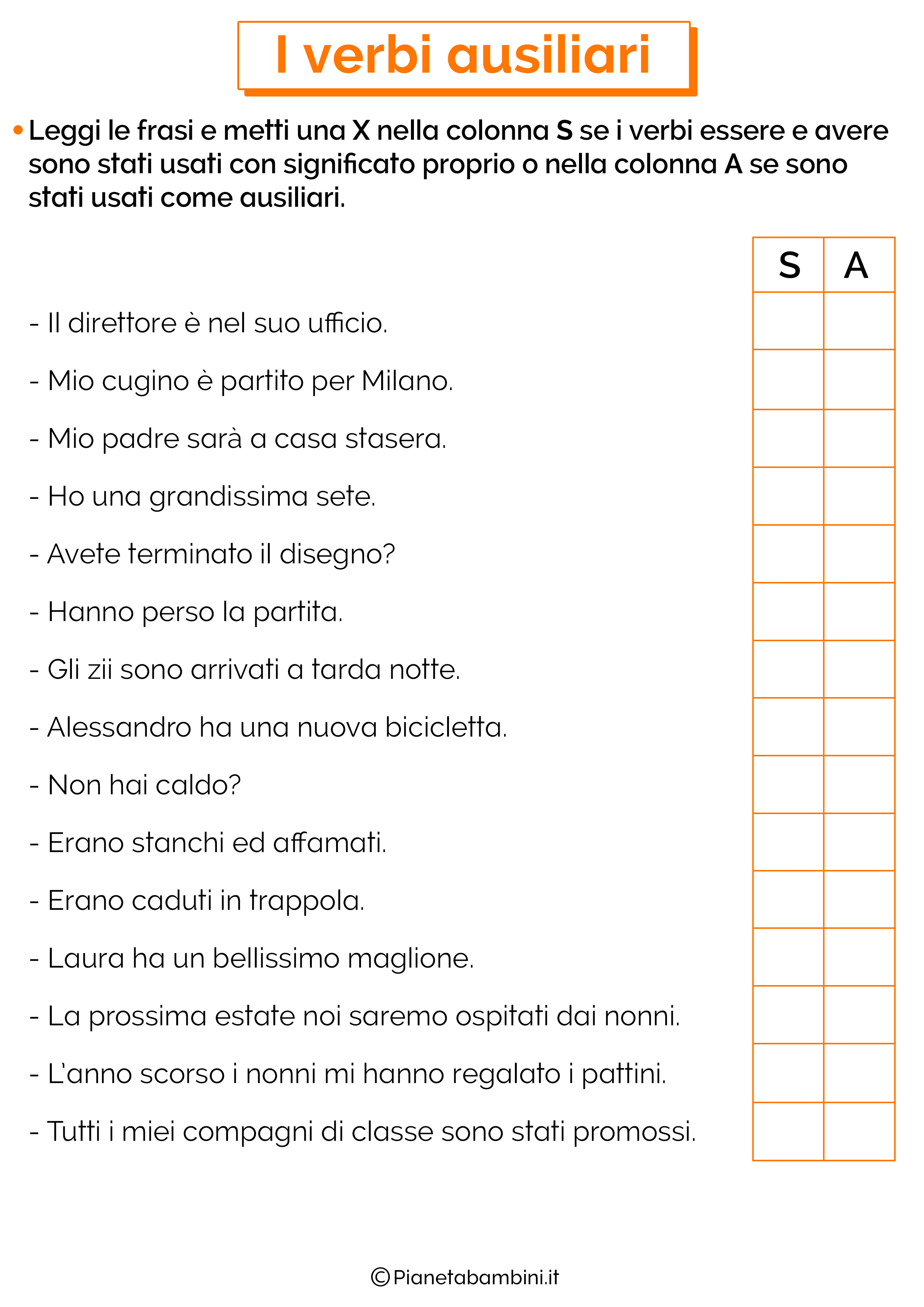 I Verbi Ausiliari Esercizi Per La Scuola Primaria Pianetabambini It