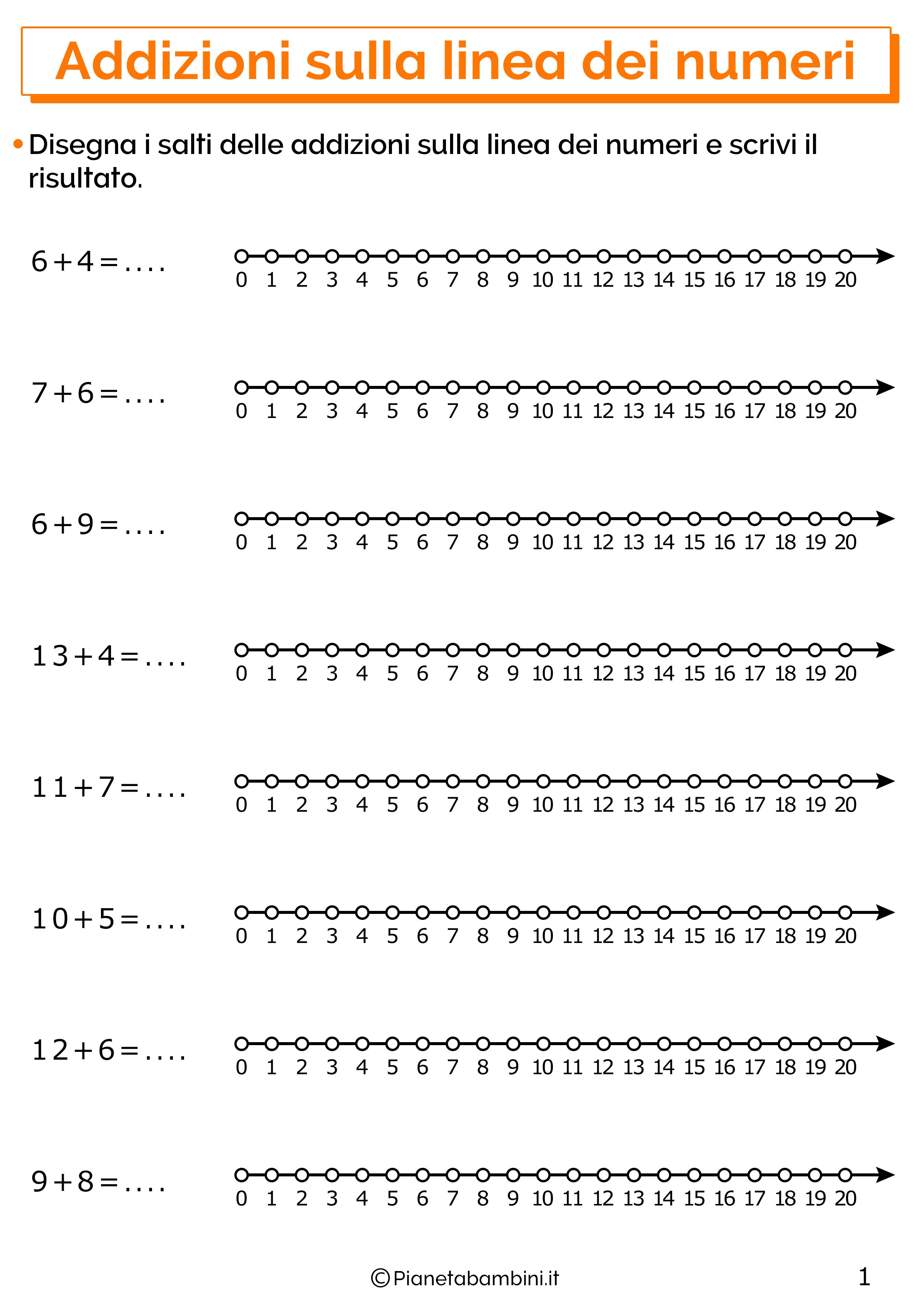 Esercizi sulle addizioni sulla linea dei numeri entro il venti 1