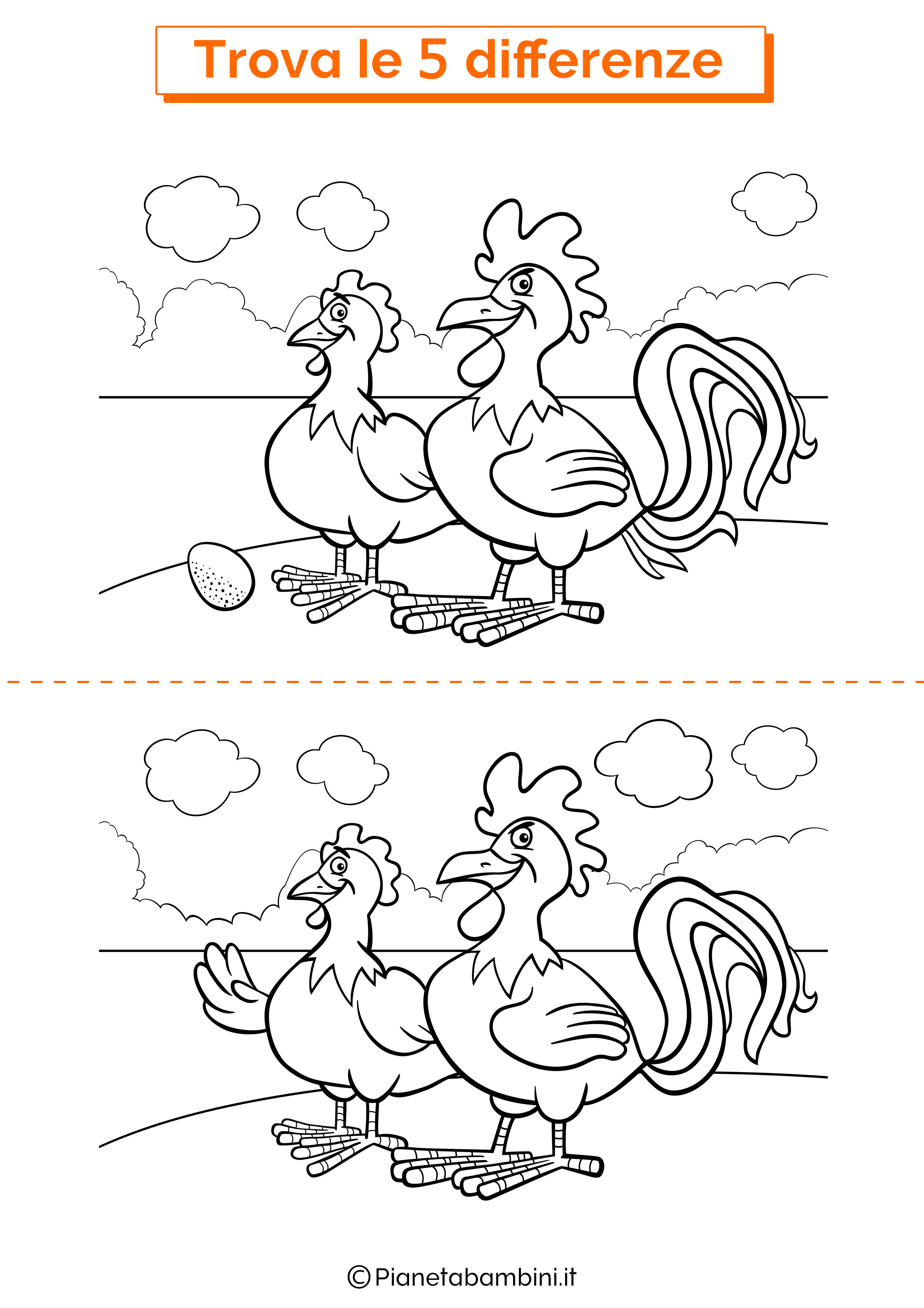 Disegno trova 5 differenze gallo e gallina