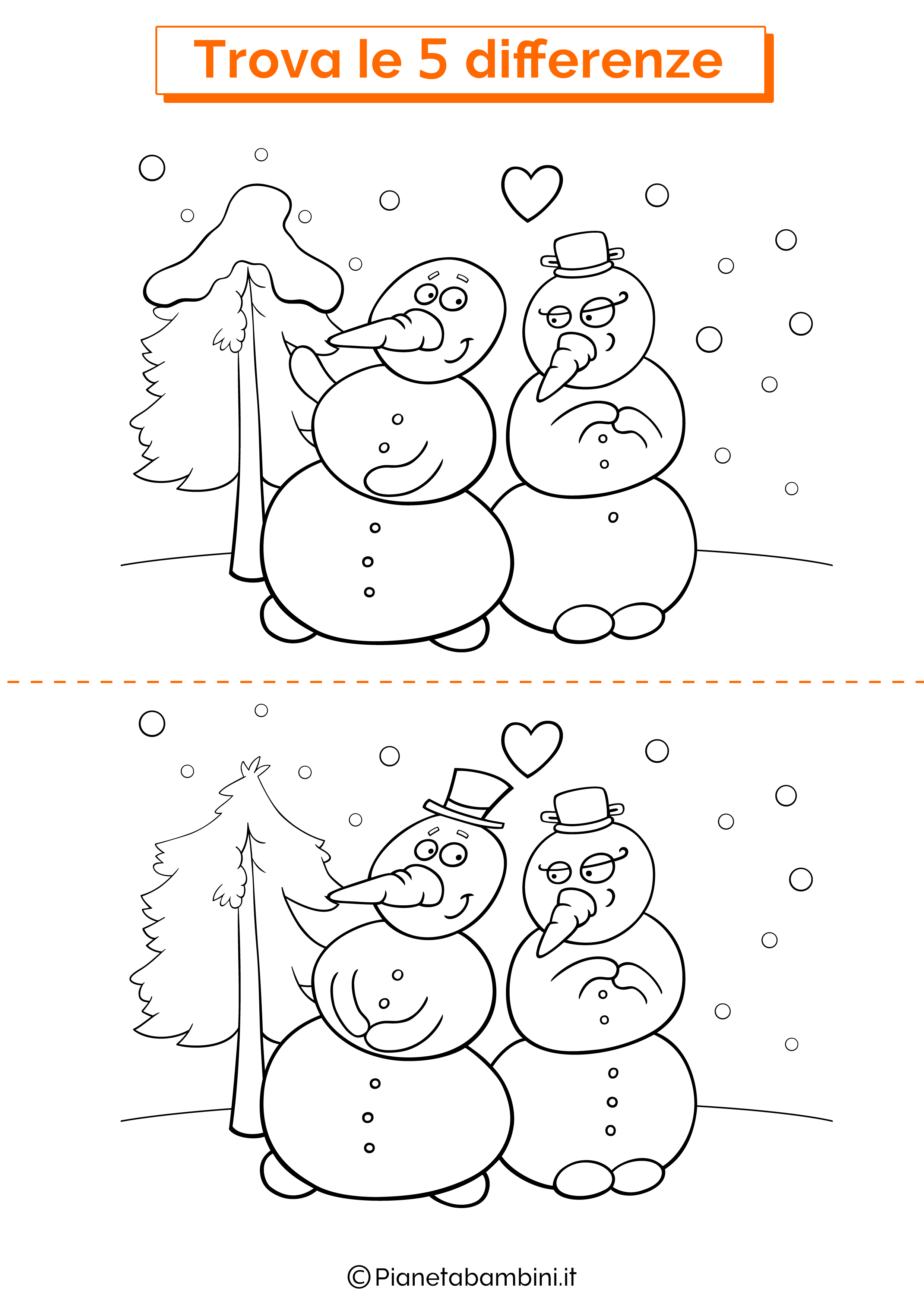 Disegno trova 5 differenze pupazzi di neve