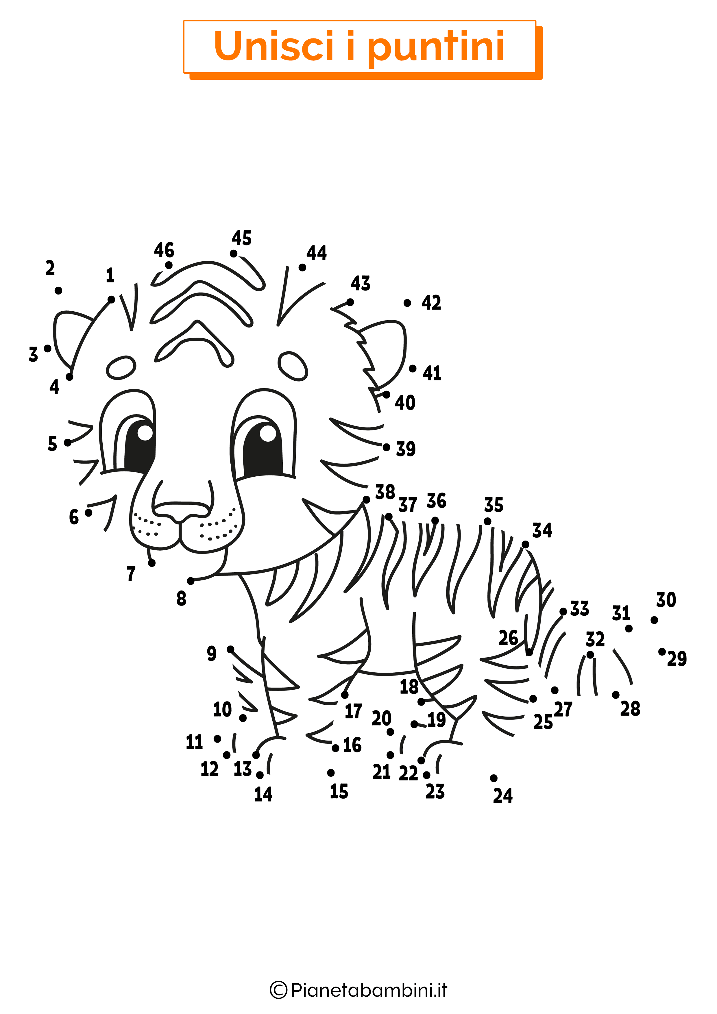 Disegno unisci i puntini 1-40 tigre