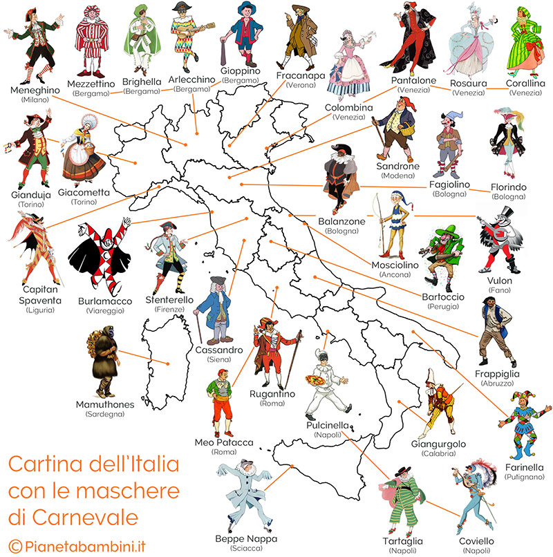 Cartina dell'Italia con le maschere di Carnevale suddivise per regione