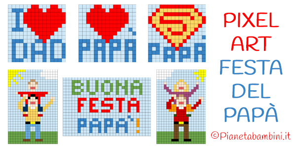 Schede di Pixel Art sulla festa del papà per la scuola primaria