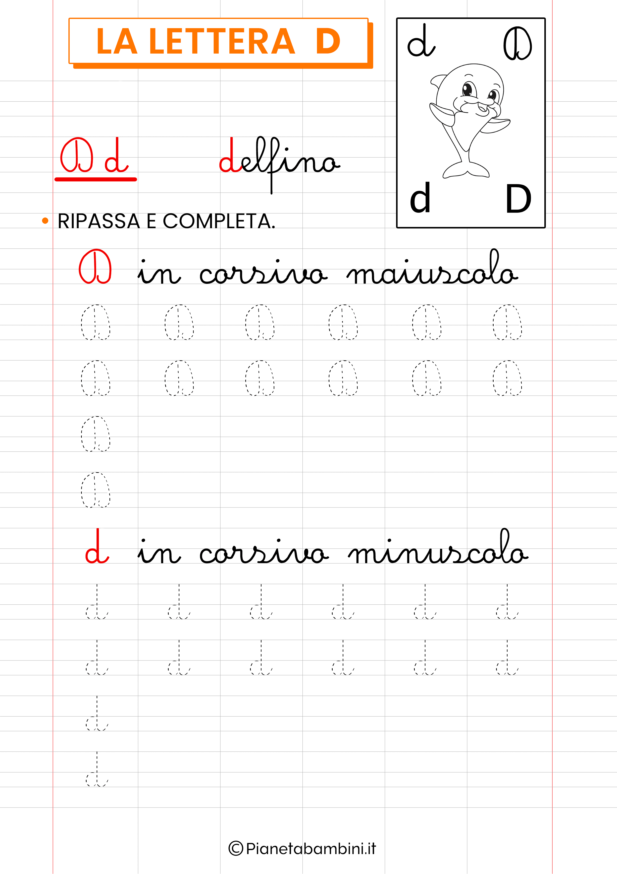 Scheda didattica lettera D corsivo da stampare 1
